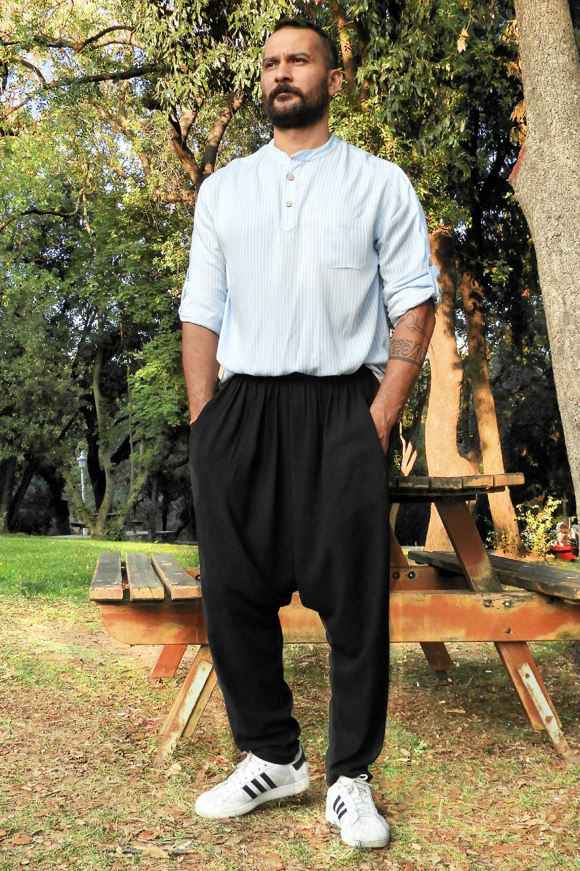 Odana's | Sustainable Gifts | MOON Gender Neutral Linen Blend Harem Pants (Black, Tan) | Linen Harem Pants | Sustainable Fashion