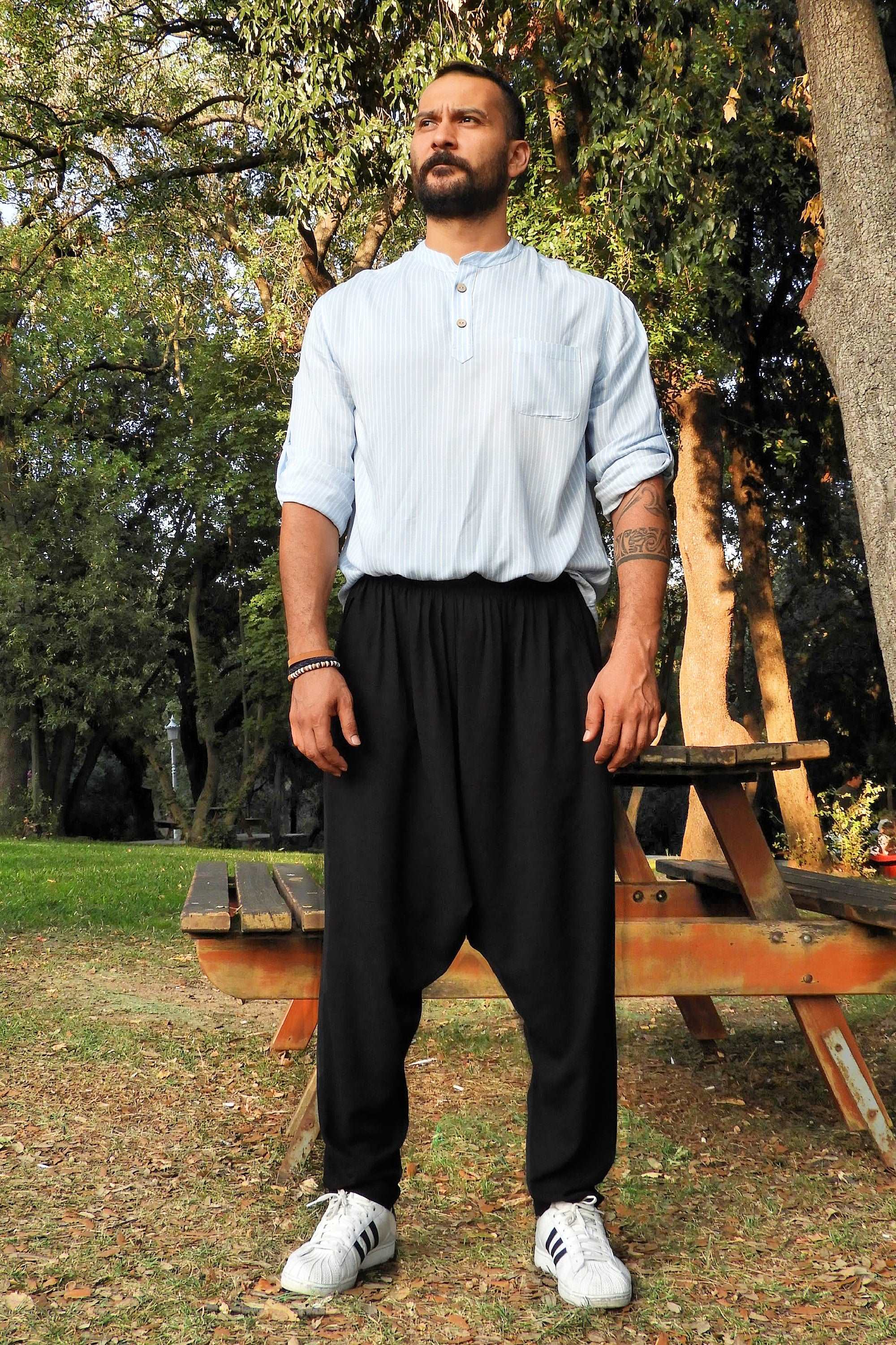 Sustainable  | MOON Gender Neutral Linen Blend Harem Pants (Black, Tan) by Odana's