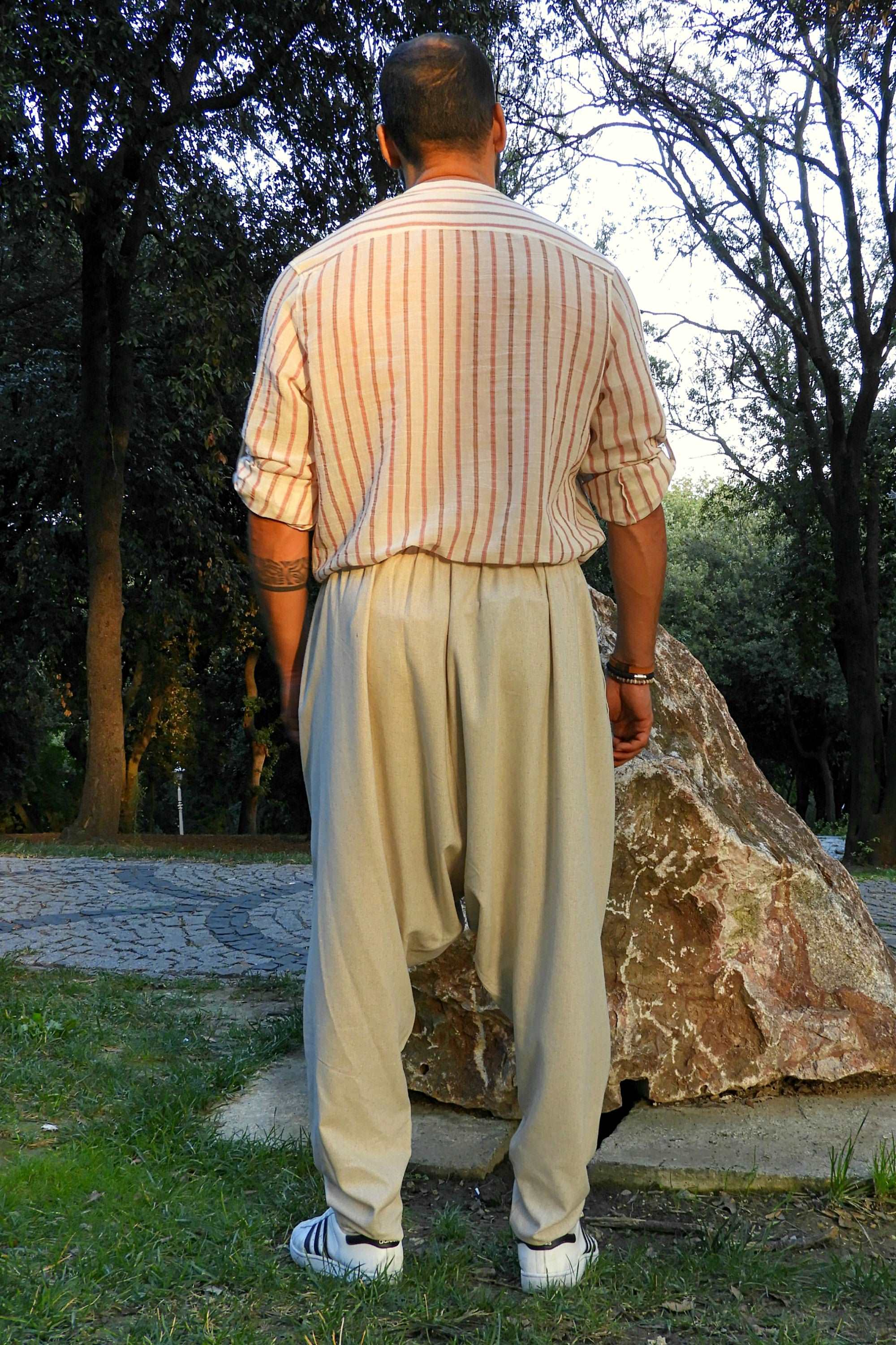 Odana's | Sustainable Gifts | MOON Men's Linen Blend Harem Pants (Beige, Indigo Blue) | Linen Harem Pants | Sustainable Fashion