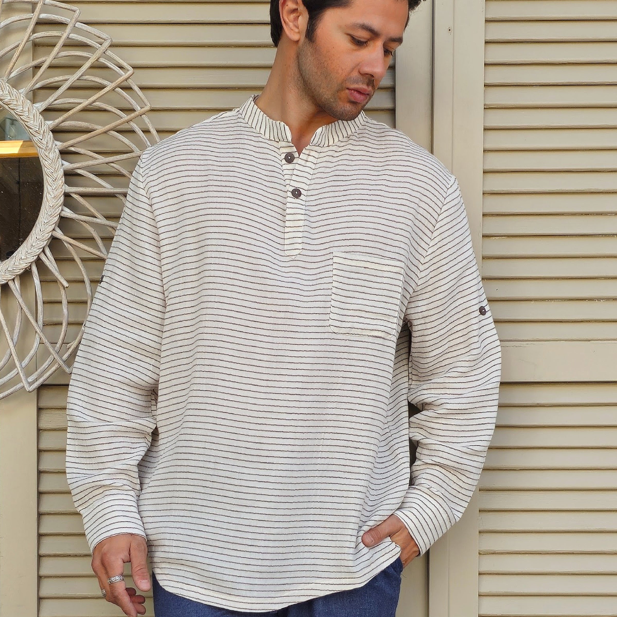 Odana's | Sustainable Gifts | ZEUS STRIPES Organic Double Gauze Shirt (Light Cream) Light Cream | Shirts | Sustainable Fashion