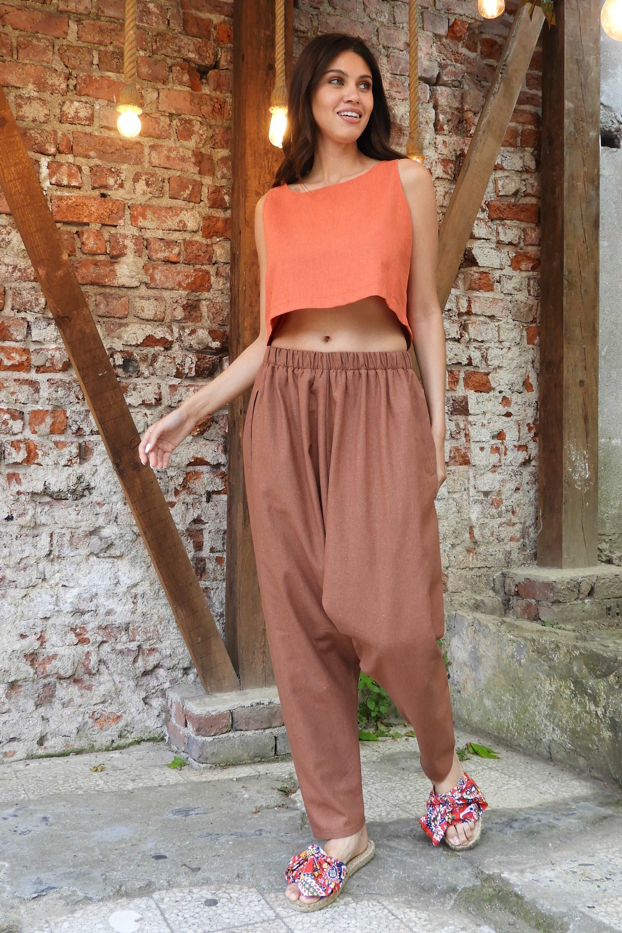 Sustainable  | MOON Women's Linen Blend Harem Pants (Brown) by Odana's