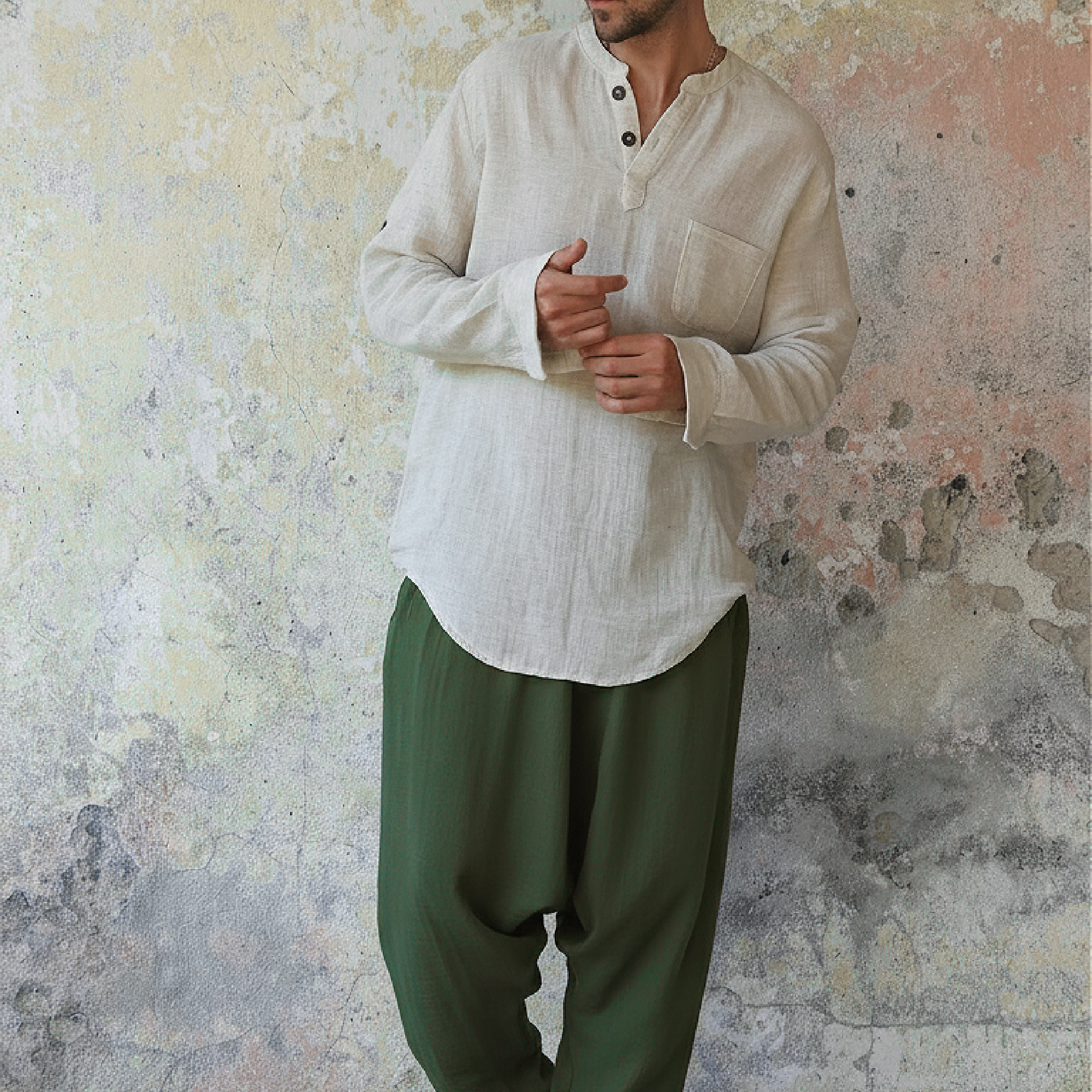 TRIBAL Men's Organic Gauze Cotton Harem Pants (Dark Green, Sage Green)