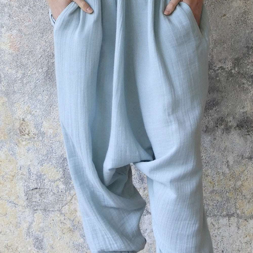 Odana's | Sustainable Gifts | GAIA Women's Organic Gauze Cotton Harem Pants (Light Blue, Mint, Orange) Light Blue | Harem Pants | Sustainable Fashion
