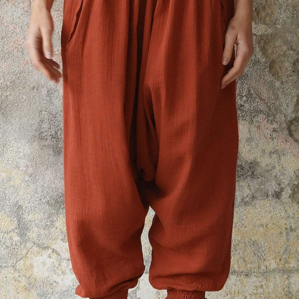 Odana's | Sustainable Gifts | GAIA Women's Organic Gauze Cotton Harem Pants (Red, Terra Cotta, Caramel) Terra Cotta | Harem Pants | Sustainable Fashion