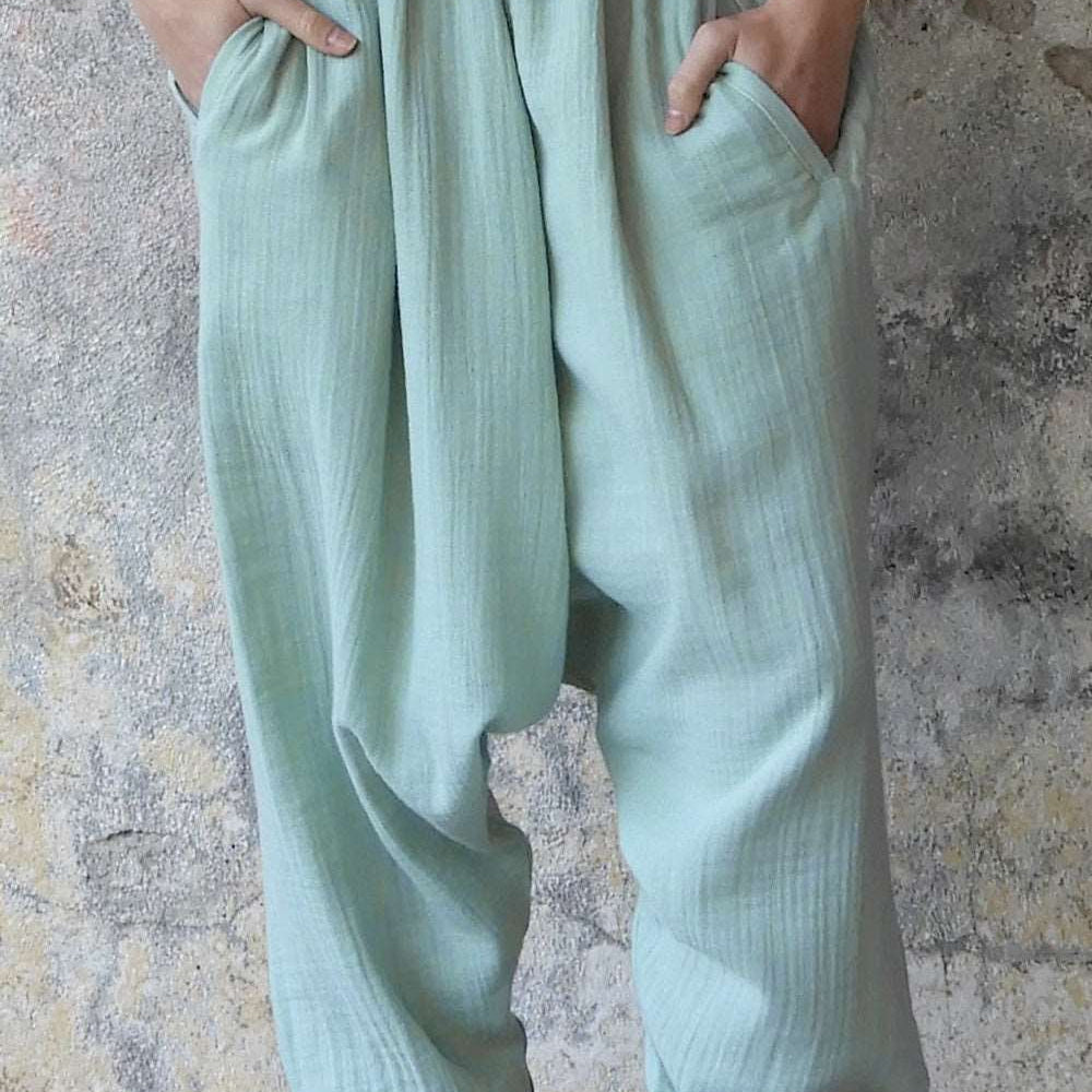Odana's | Sustainable Gifts | GAIA Women's Organic Gauze Cotton Harem Pants (Light Blue, Mint, Orange) Mint | Harem Pants | Sustainable Fashion