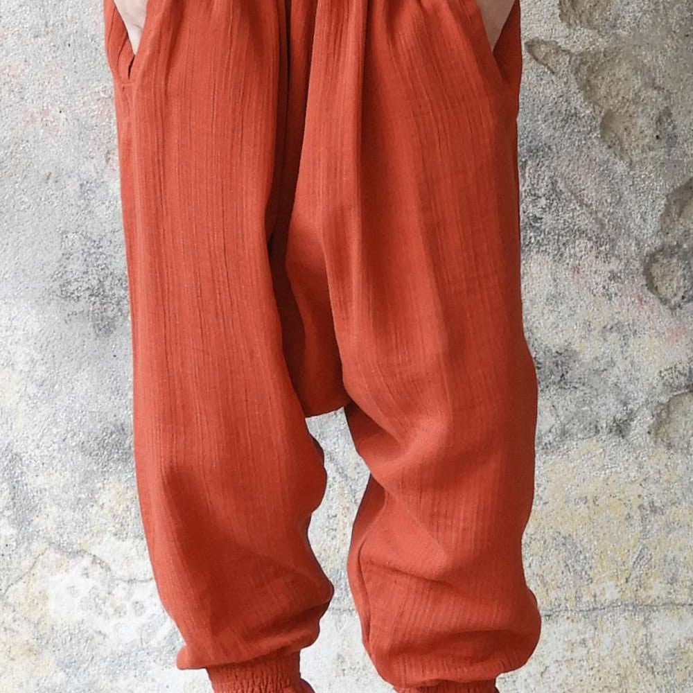 Odana's | Sustainable Gifts | GAIA Women's Organic Gauze Cotton Harem Pants (Red, Terra Cotta, Caramel) Red | Harem Pants | Sustainable Fashion