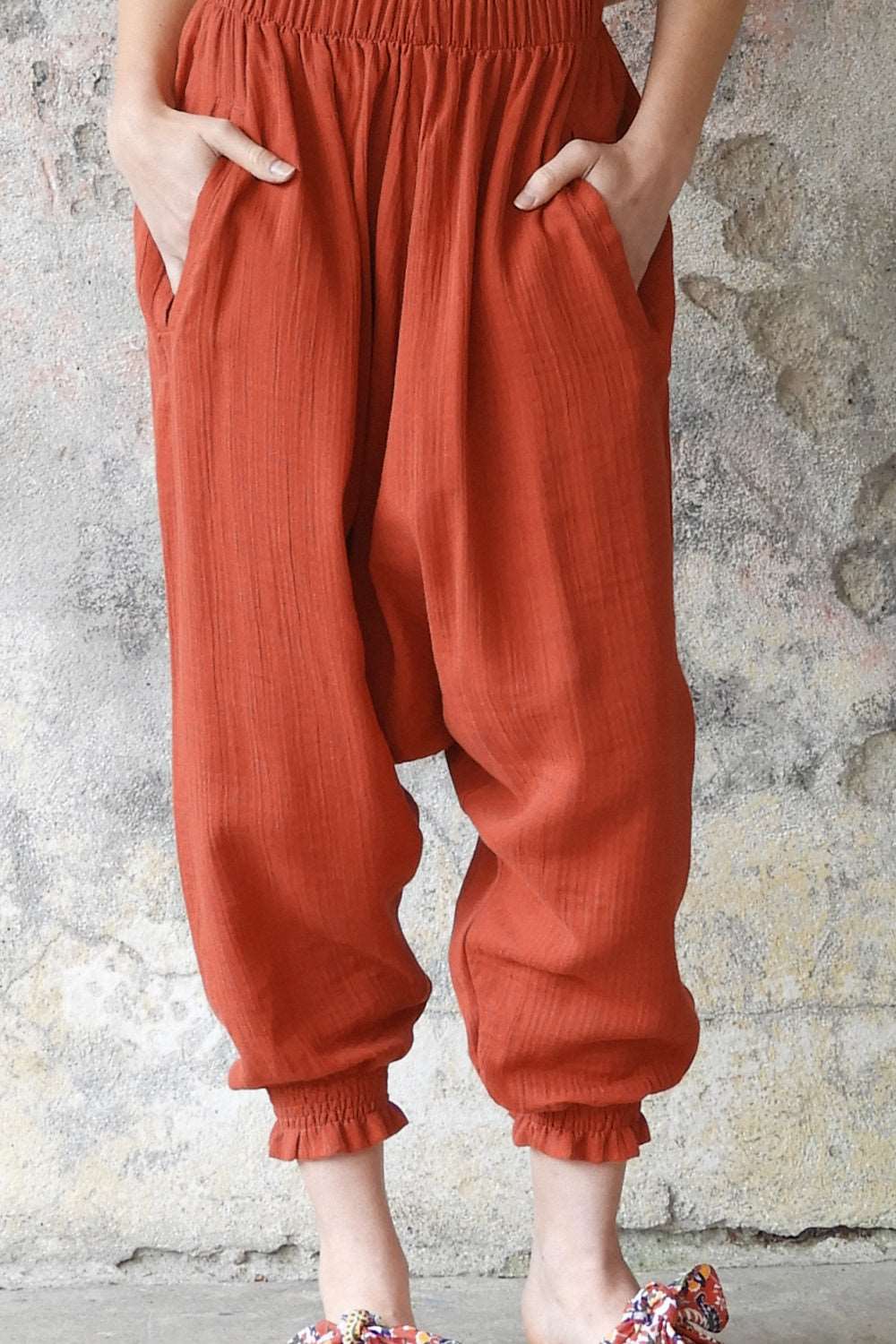 Sustainable  | GAIA Women's Gauze Cotton Harem Pants (Red, Terra Cotta, Caramel) by Odana's