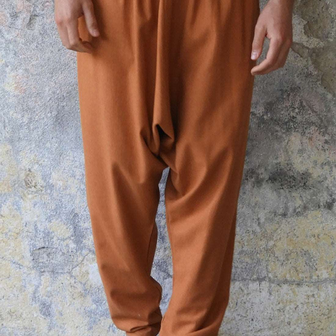 Odana's | Sustainable Gifts | MOON Gender Neutral Linen Blend Harem Pants (Windsor Tan, Burnt Orange) Windsor Tan | Linen Harem Pants | Sustainable Fashion