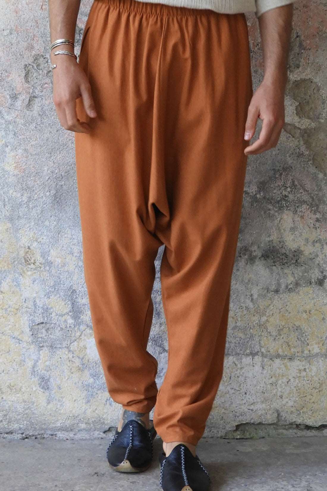 Odana's | Sustainable Gifts | MOON Men's Linen Blend Harem Pants (Windsor Tan, Burnt Orange) Windsor Tan | Linen Harem Pants | Sustainable Fashion