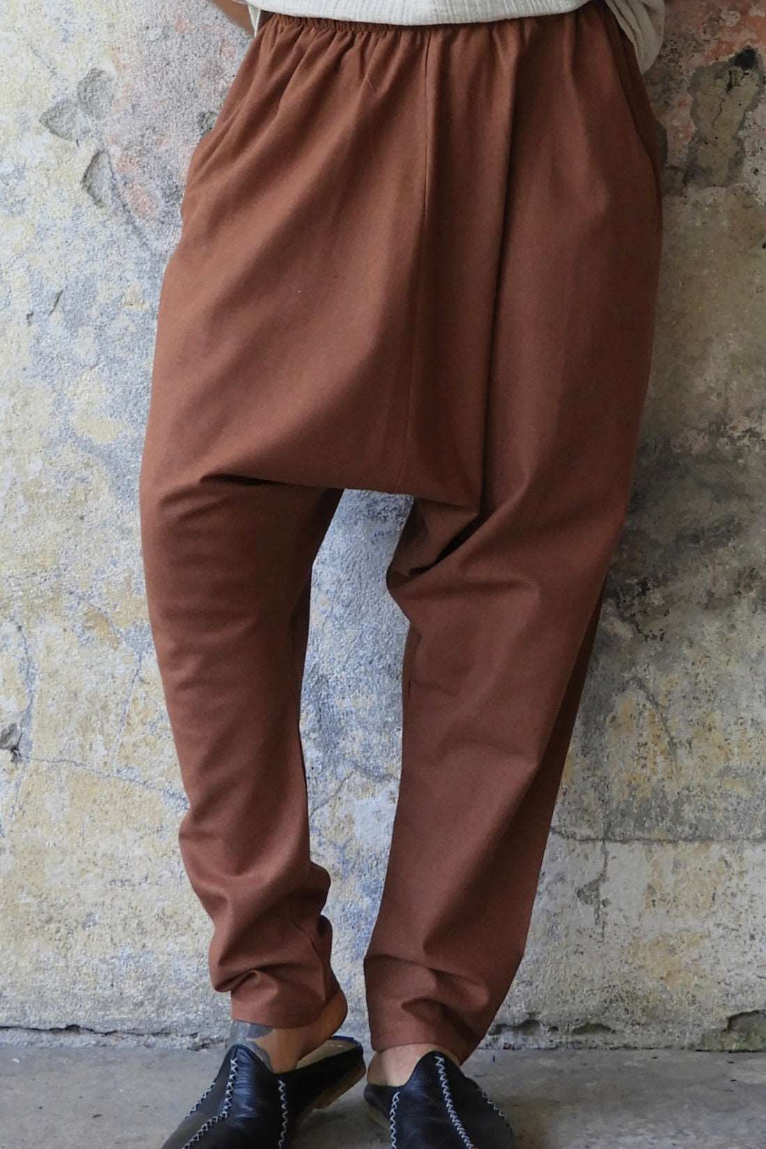 Odana's | MOON Gender Neutral Linen Blend Harem Pants (Dark Gray, Brown) Brown | Linen Harem Pants | Sustainable Fashion