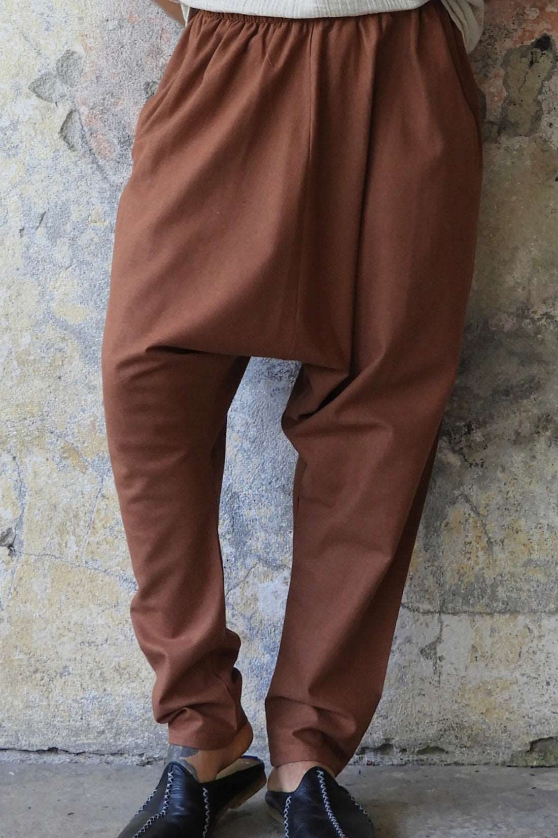Odana's | Sustainable Gifts | MOON Men's Linen Blend Harem Pants (Dark Gray, Brown) Brown | Linen Harem Pants | Sustainable Fashion