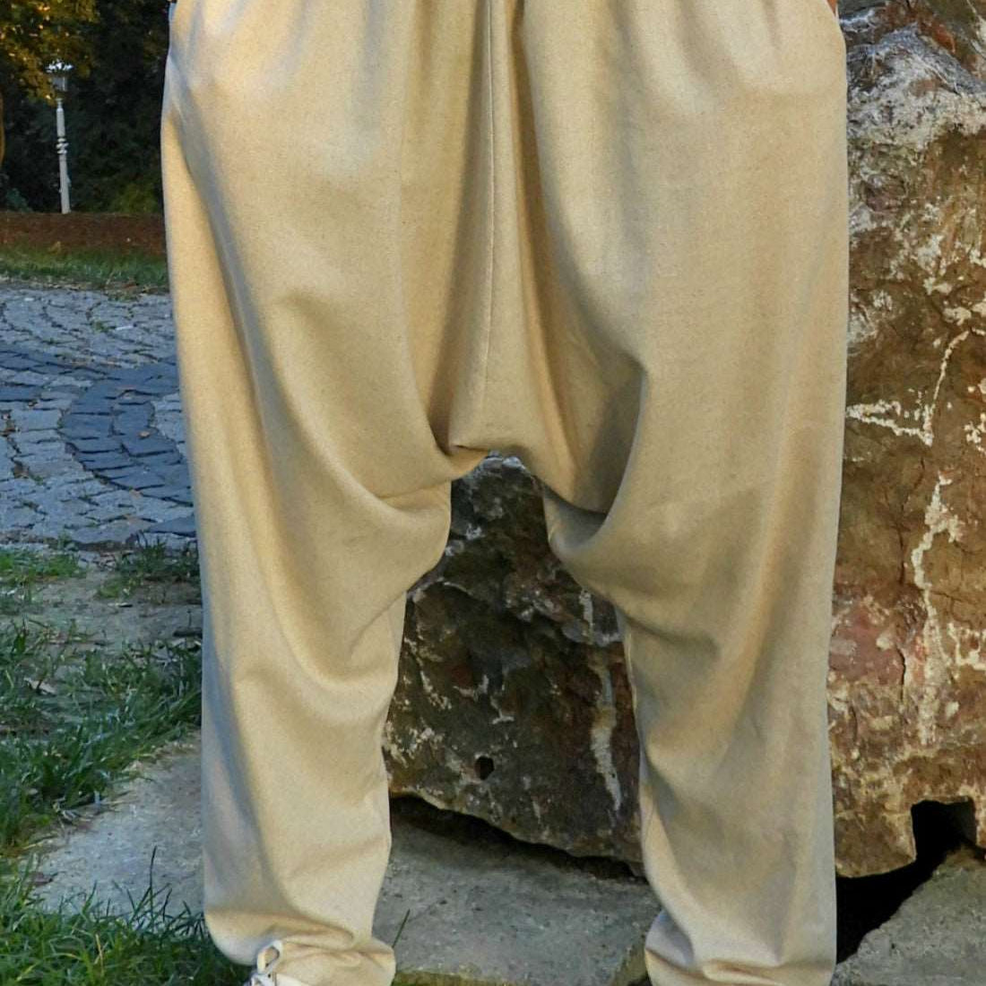 Odana's | Sustainable Gifts | MOON Gender Neutral Linen Blend Harem Pants (Beige, Indigo Blue) Beige | Linen Harem Pants | Sustainable Fashion