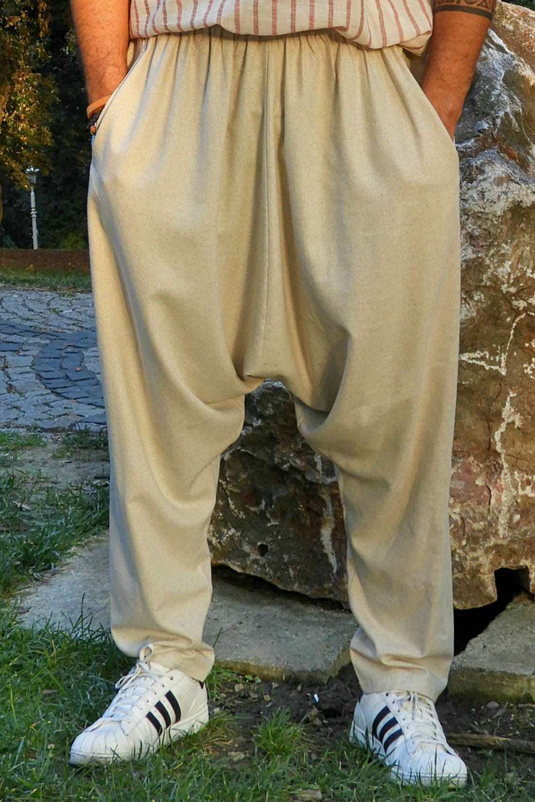 Odana's | Sustainable Gifts | MOON Men's Linen Blend Harem Pants (Beige, Indigo Blue) Beige | Linen Harem Pants | Sustainable Fashion