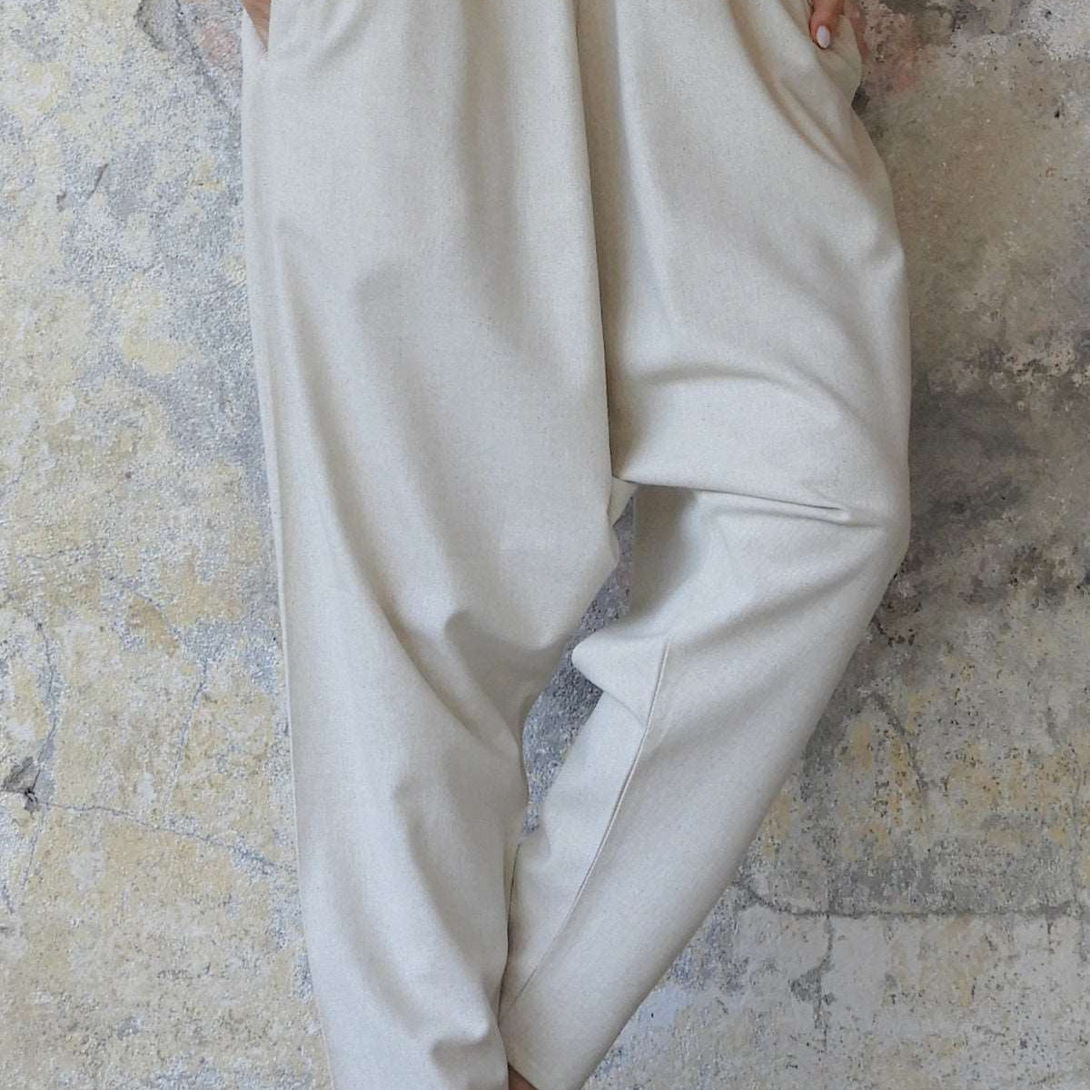 Odana's | Sustainable Gifts | MOON Women's Linen Blend Harem Pants (Beige, Indigo Blue) Beige | Linen Harem Pants | Sustainable Fashion