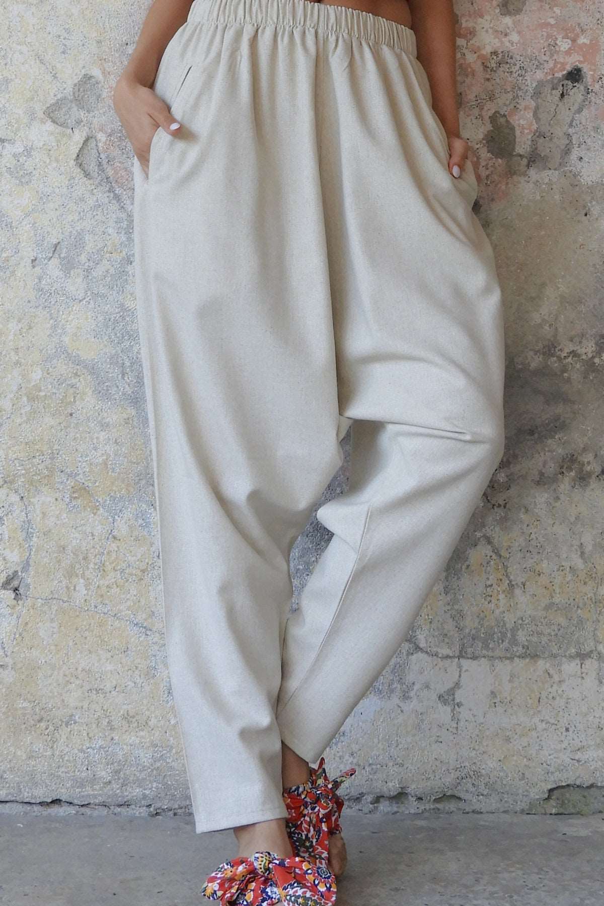 Odana's | Sustainable Gifts | MOON Women's Linen Blend Harem Pants (Beige, Indigo Blue) Beige | Linen Harem Pants | Sustainable Fashion