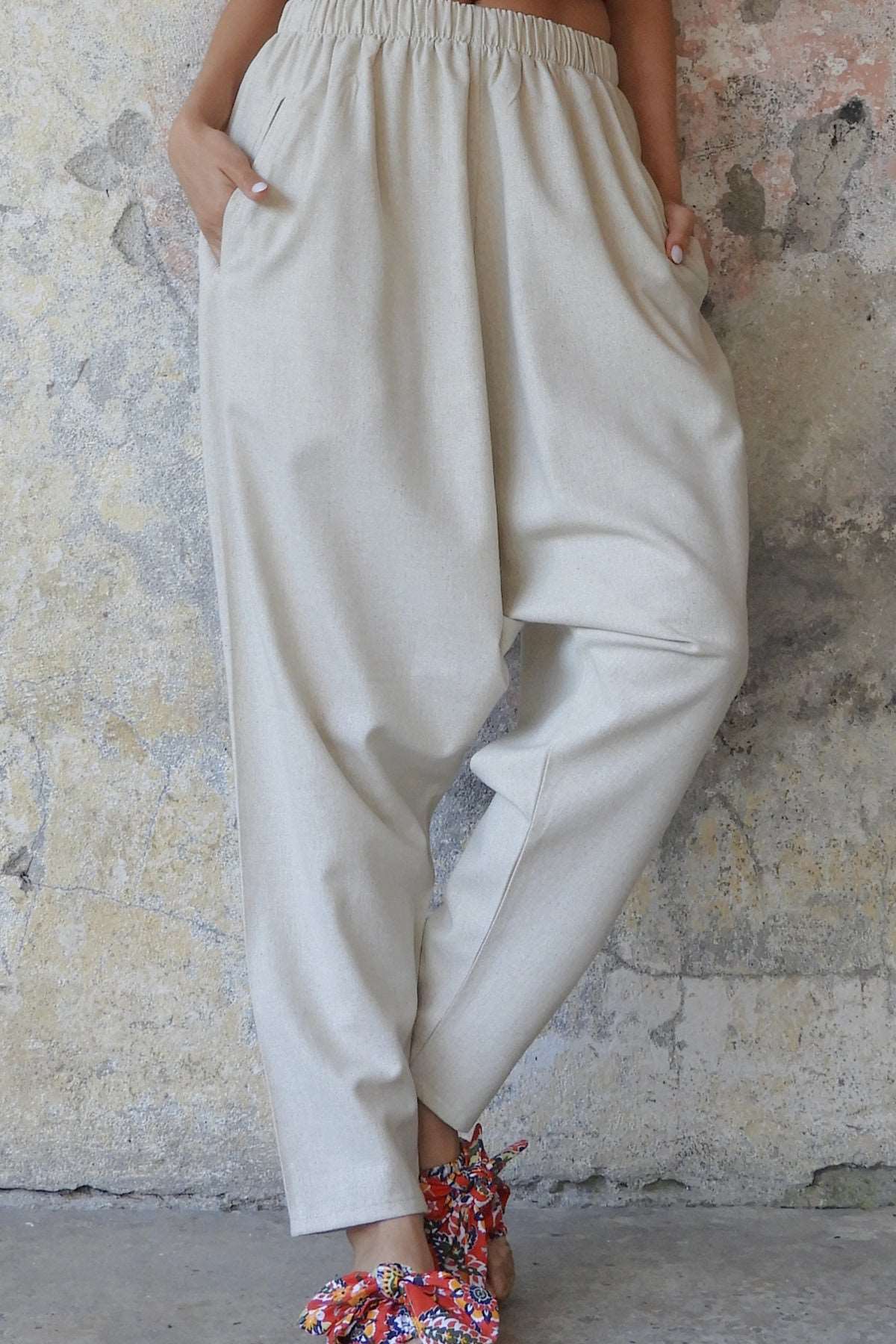 Odana's | MOON Women's Linen Blend Harem Pants (Beige, Indigo Blue) Beige | Linen Harem Pants | Sustainable Fashion