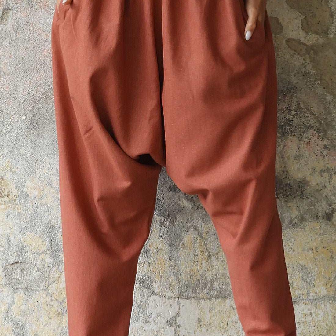 Odana's | Sustainable Gifts | MOON Gender Neutral Linen Blend Harem Pants (Terra Cotta, Almond Green) Terra Cotta | Linen Harem Pants | Sustainable Fashion