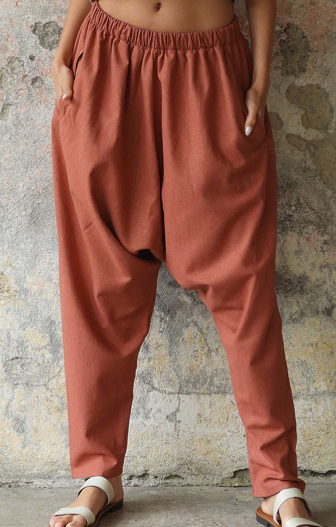 Odana's | MOON Gender Neutral Linen Blend Harem Pants (Terra Cotta, Almond Green) Terra Cotta | Linen Harem Pants | Sustainable Fashion