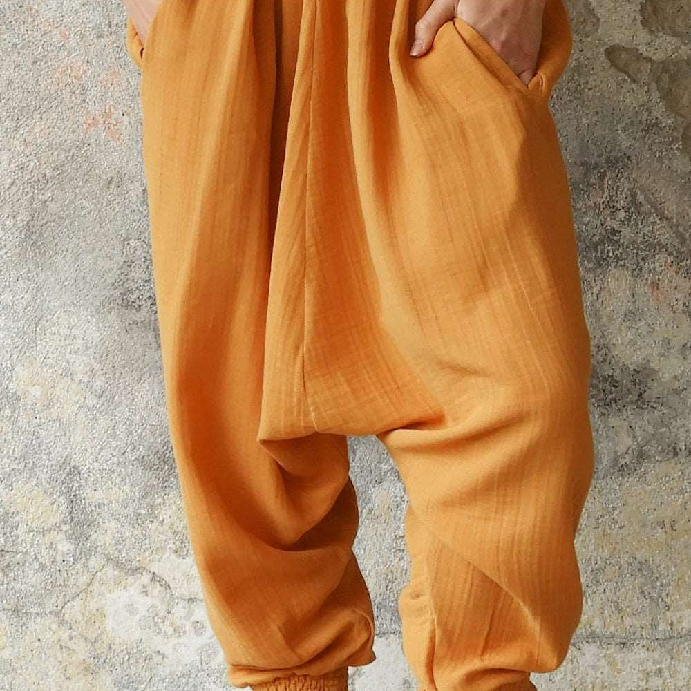 Odana's | Sustainable Gifts | GAIA Women's Organic Gauze Cotton Harem Pants (Light Blue, Mint, Orange) Orange | Harem Pants | Sustainable Fashion
