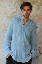 Odana's | Sustainable Gifts | OCEAN Men's Gauze Organic Cotton Shirt Blue & White | Cotton Shirts | Sustainable Fashion