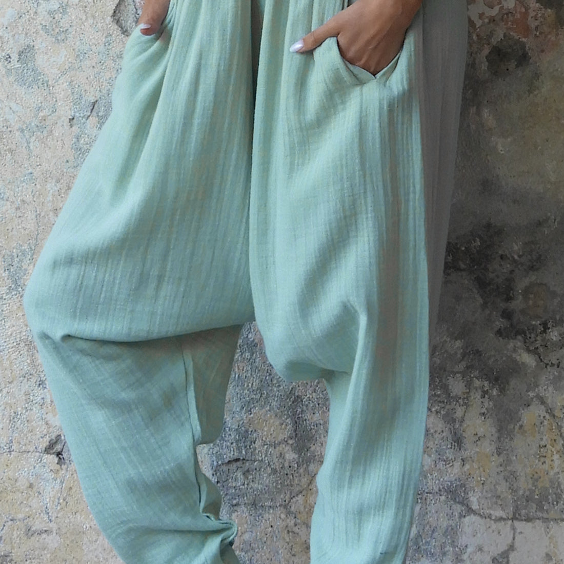 Odana's | Sustainable Gifts | TRIBAL Women's Organic Gauze Cotton Harem Pants (Caramel, Mint Green) Mint Green | Harem Pants | Sustainable Fashion