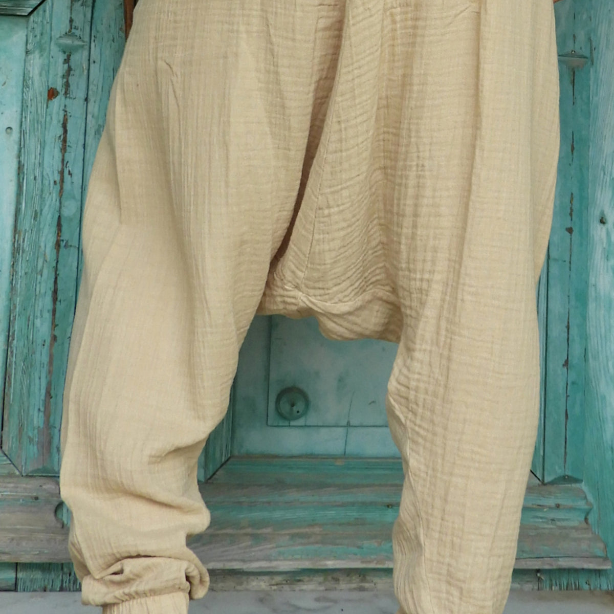 Odana's | Sustainable Gifts | TRIBAL Men's Organic Gauze Cotton Harem Pants (Black, Beige) Beige | Harem Pants | Sustainable Fashion