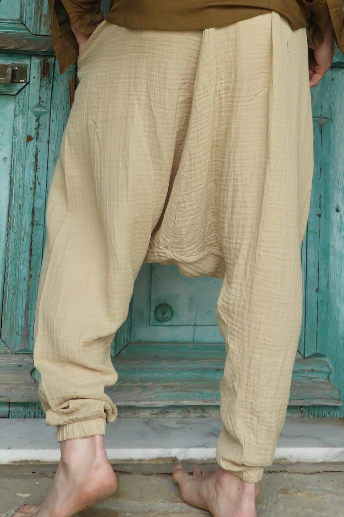 Sustainable  | TRIBAL Gender Neutral Gauze Cotton Harem Pants (Black, Beige) by Odana's