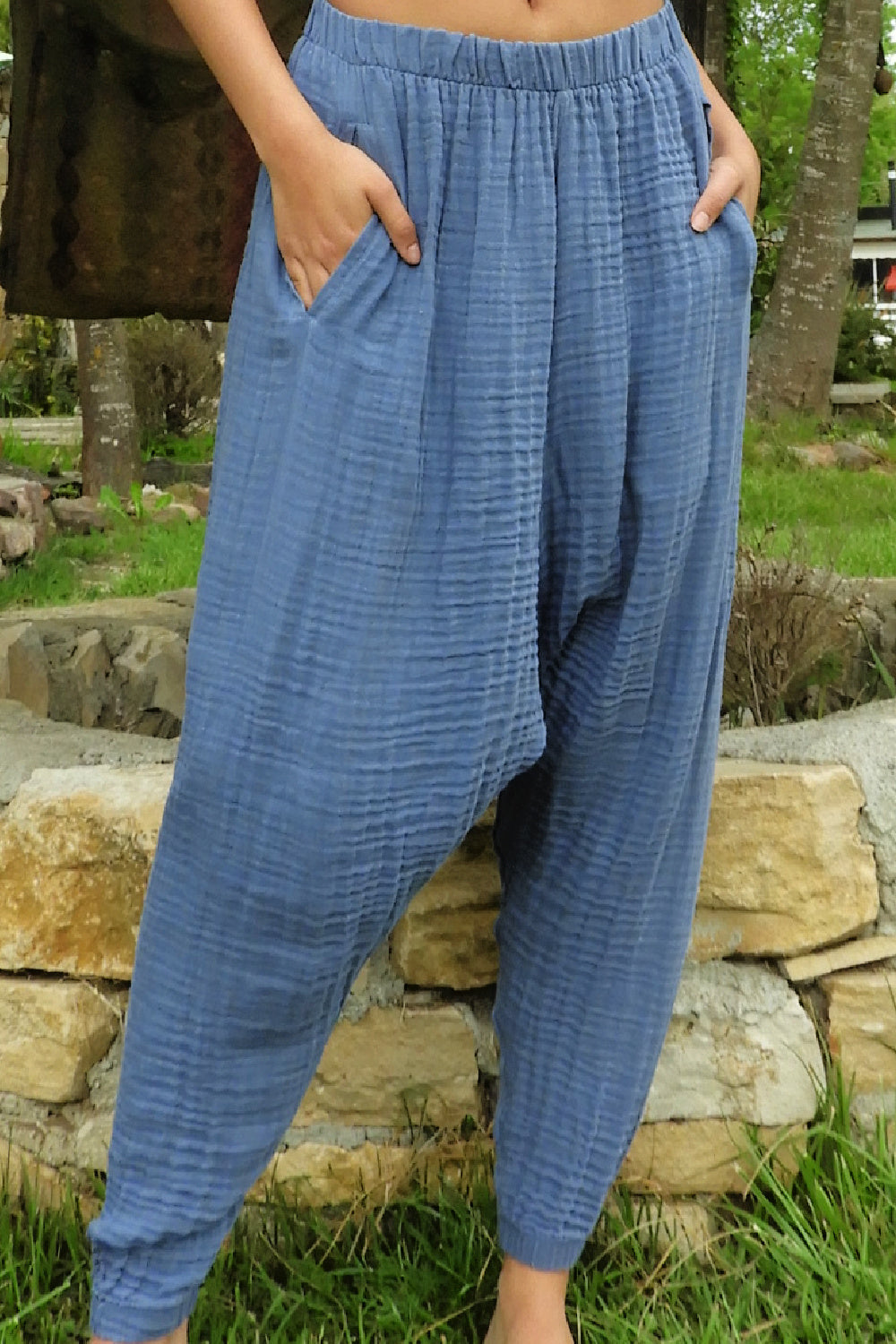 Sustainable  | TRIBAL Gender Neutral Gauze Cotton Harem Pants (Indigo Blue, Mustard) by Odana's