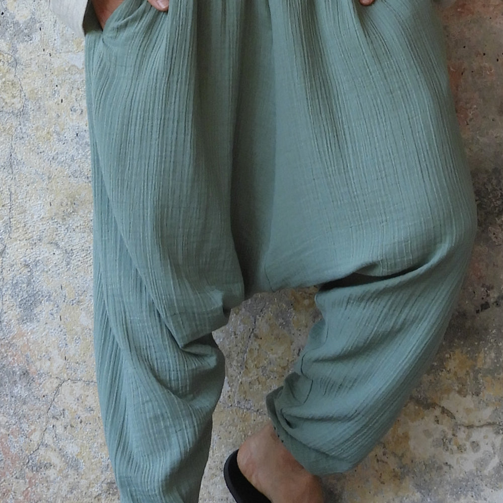 Odana's | Sustainable Gifts | TRIBAL Men's Organic Gauze Cotton Harem Pants (Army Green, Sage Green) Sage Green | Harem Pants | Sustainable Fashion