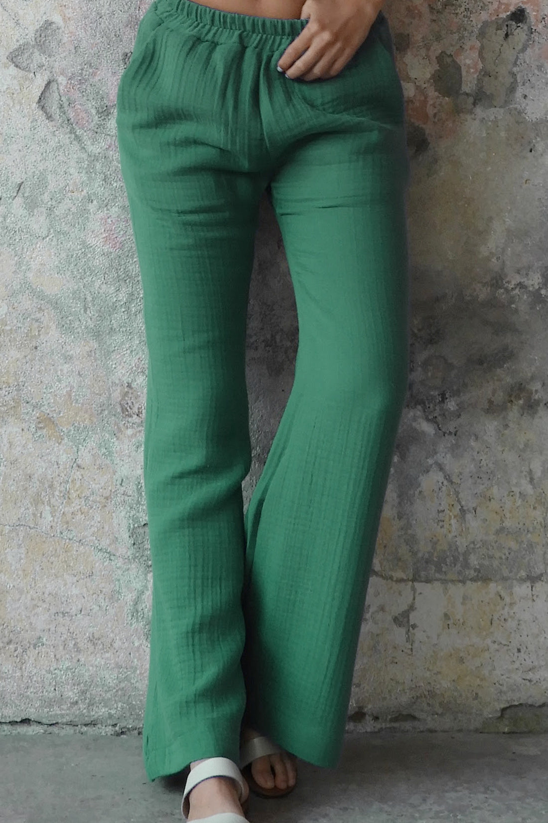 Odana's | Sustainable Gifts | PALAZZO Women's 2Layer Organic Gauze Cotton Pants (Green, Terra Cotta, Mustard, Brown) Green | Palazzo Pants | Sustainable Fashion