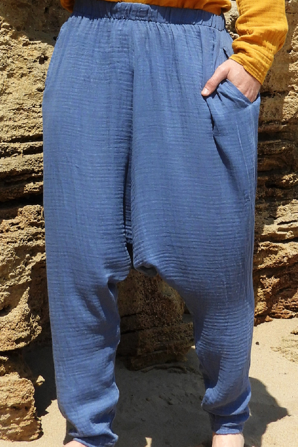 Denim Blue Harem Trousers Odana's RELAX Men's Gauze Cotton Harem