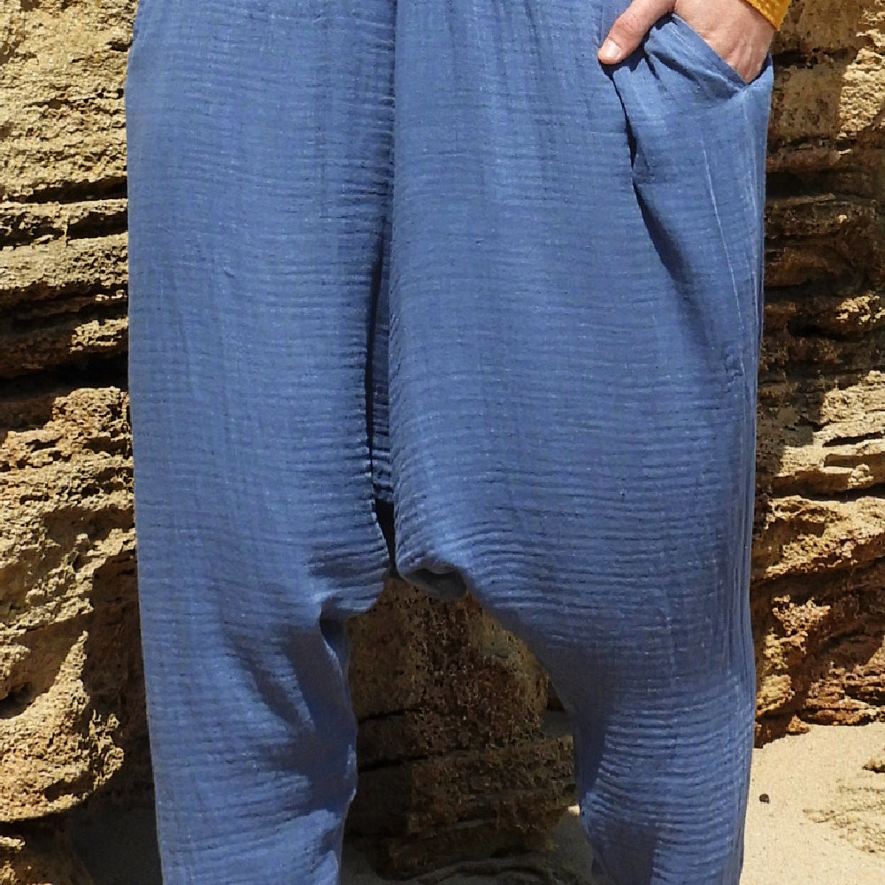 Odana's | Sustainable Gifts | RELAX Gender Neutral Organic Gauze Cotton Harem Pants (Brown, Indigo Blue) Indigo Blue | Harem Pants | Sustainable Fashion