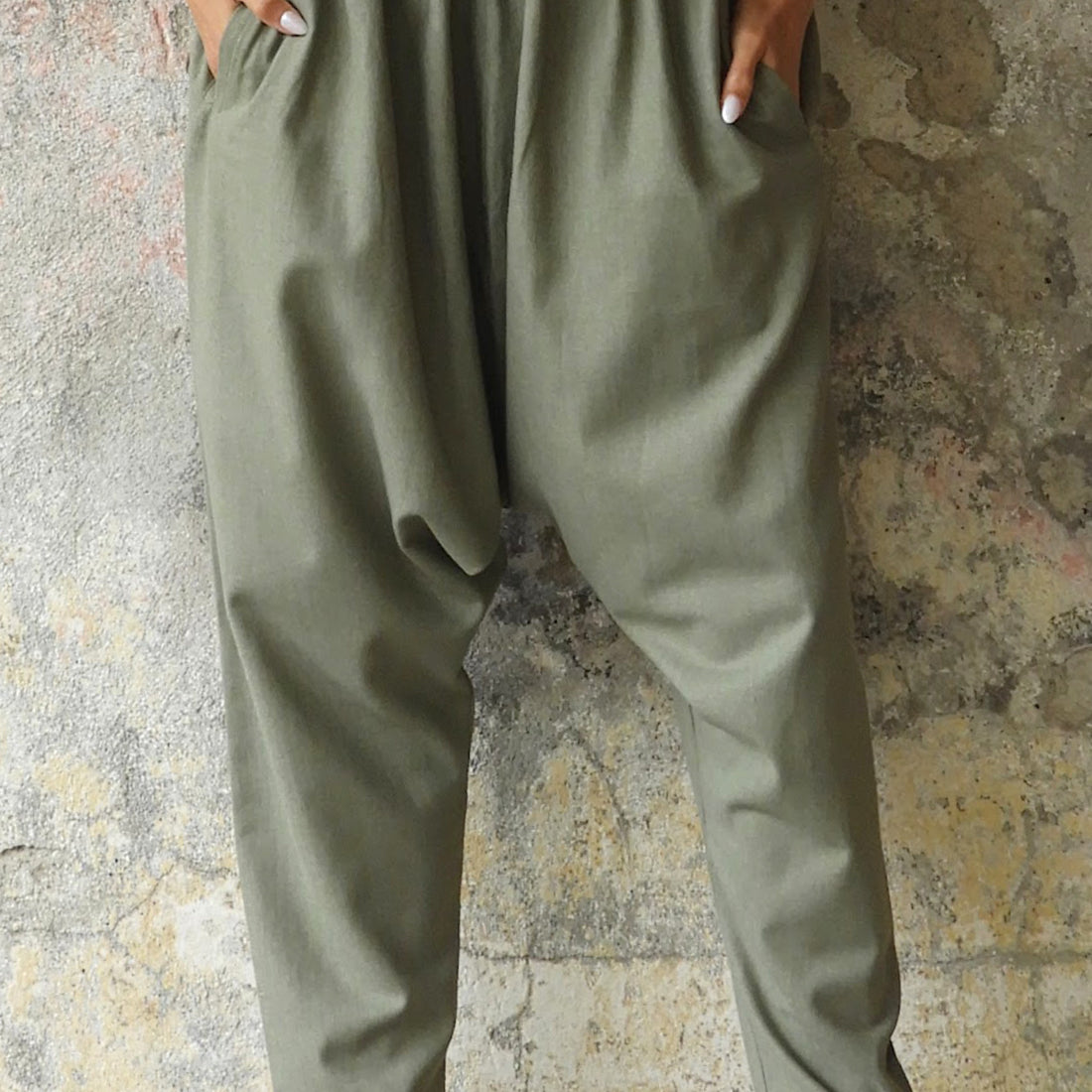 Odana's | Sustainable Gifts | MOON Women's Linen Blend Harem Pants (Terra Cotta, Almond Green) Almond Green | Linen Harem Pants | Sustainable Fashion