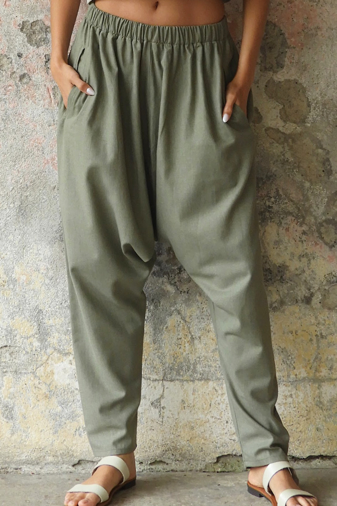 Odana's | MOON Women's Linen Blend Harem Pants (Terra Cotta, Almond Green) Almond Green | Linen Harem Pants | Sustainable Fashion