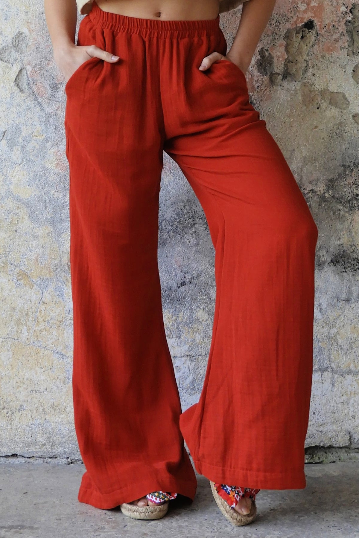 Odana's | PALAZZO Women's 2Layer Gauze Cotton Pants (Red, Dark Blue, Caramel, Sage Green) Red | Palazzo Pants | Sustainable Fashion