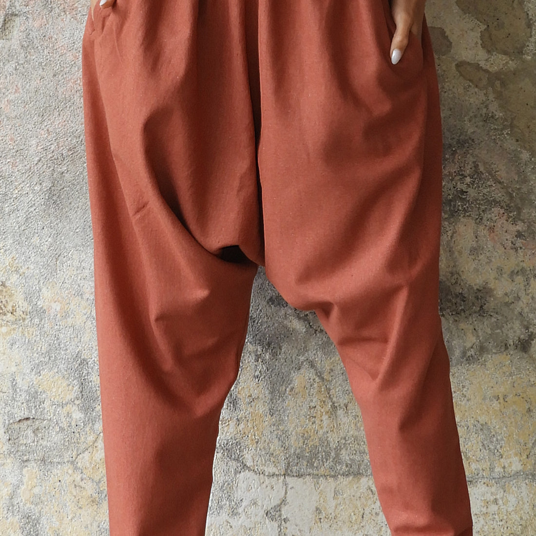 Odana's | Sustainable Gifts | MOON Women's Linen Blend Harem Pants (Terra Cotta, Almond Green) Terra Cotta | Linen Harem Pants | Sustainable Fashion
