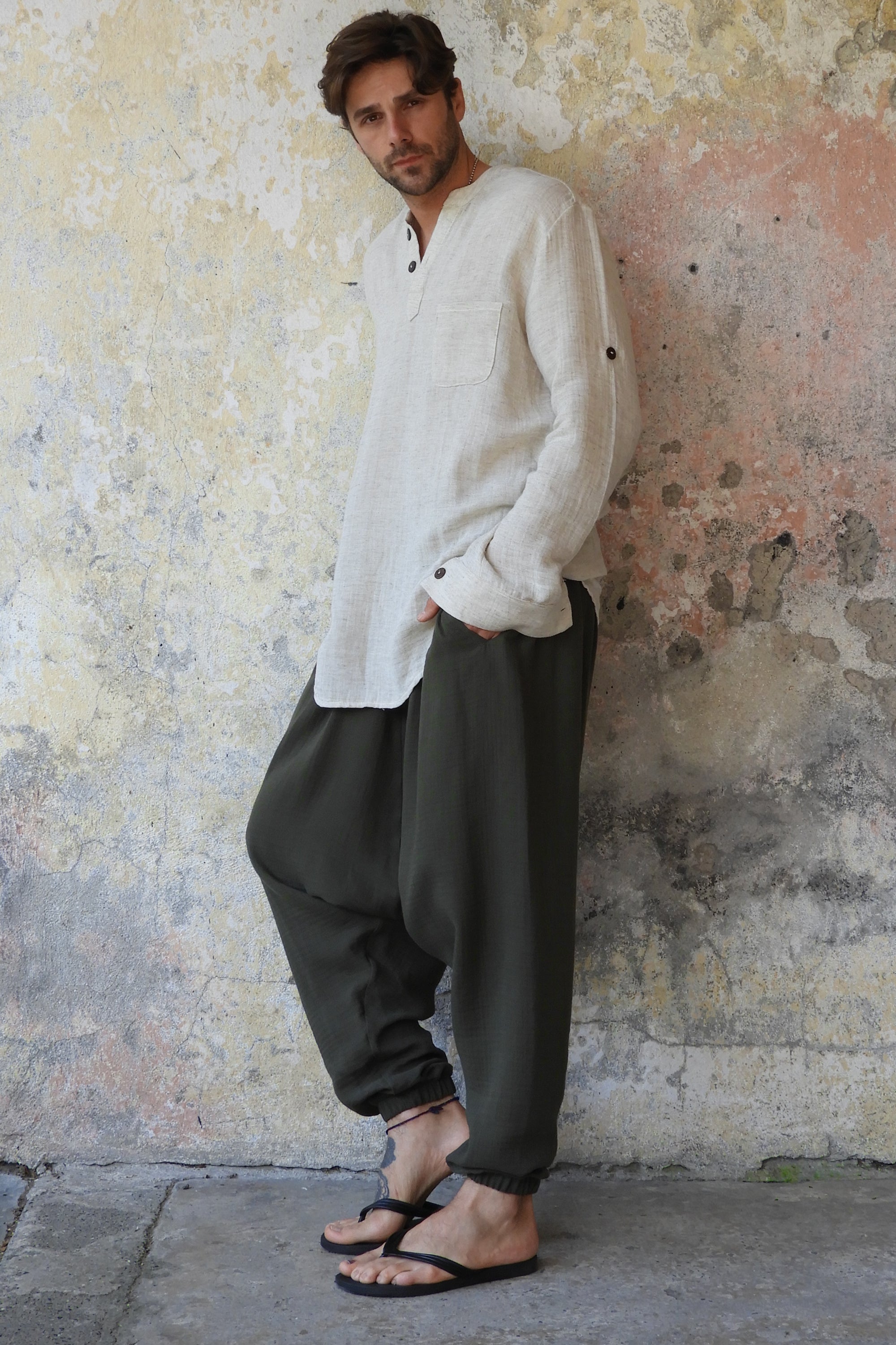 Odana's | Sustainable Gifts | TRIBAL Men's Organic Gauze Cotton Harem Pants (Army Green, Sage Green) | Harem Pants | Sustainable Fashion