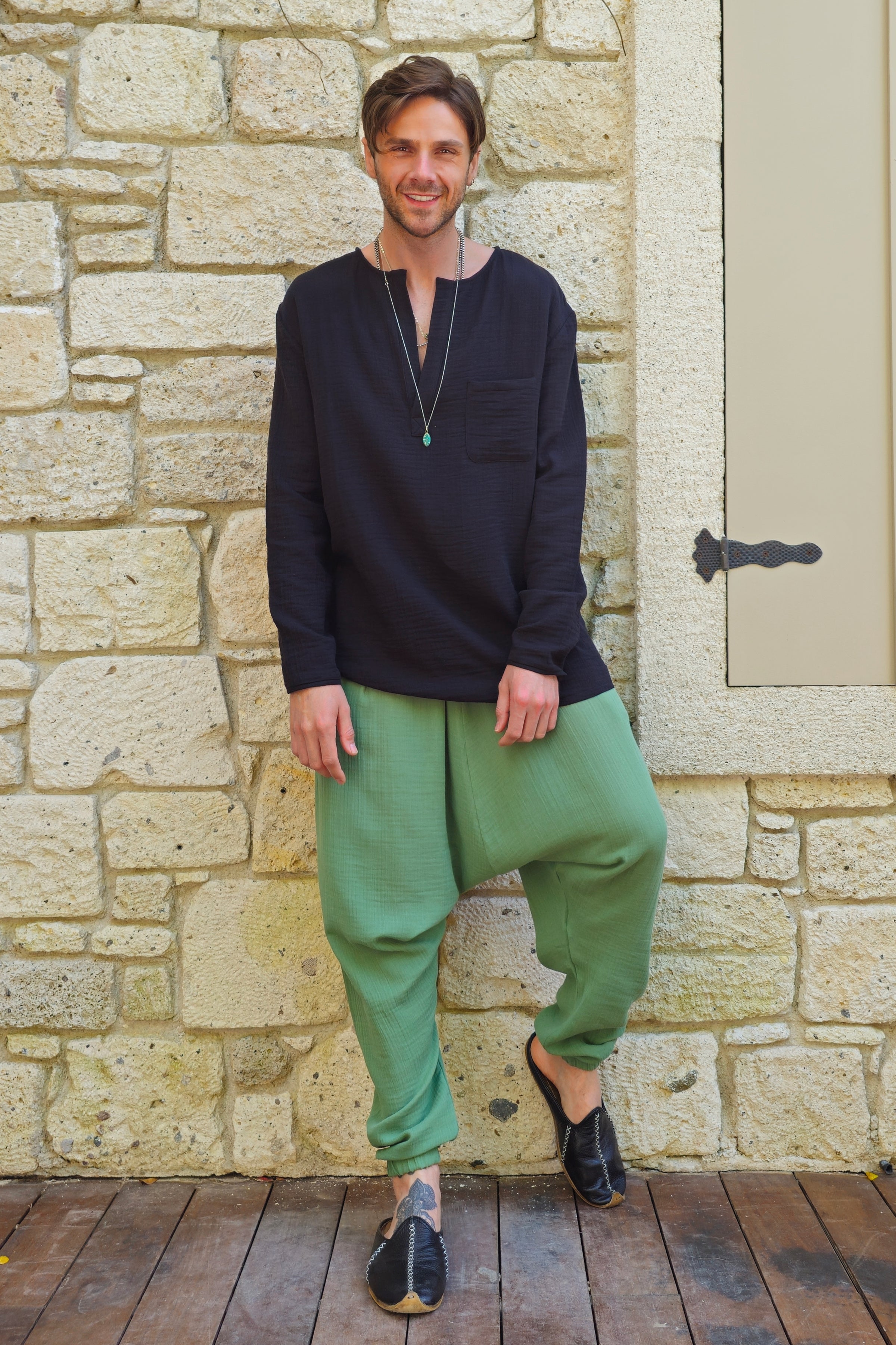 Odana's | Sustainable Gifts | TRIBAL Gender Neutral Organic Gauze Cotton Harem Pants (Mustard, Green) | Harem Pants | Sustainable Fashion