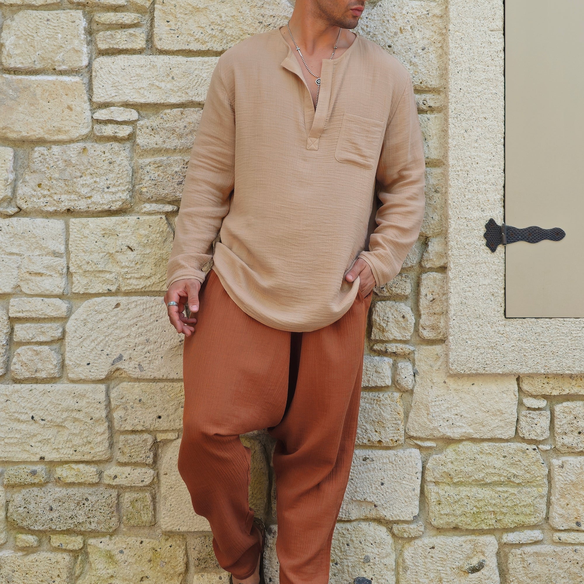 THANOS Bamboo-Cotton Shirt – Men's Oversized Boho Shirt ( Mist Blue, Beige )