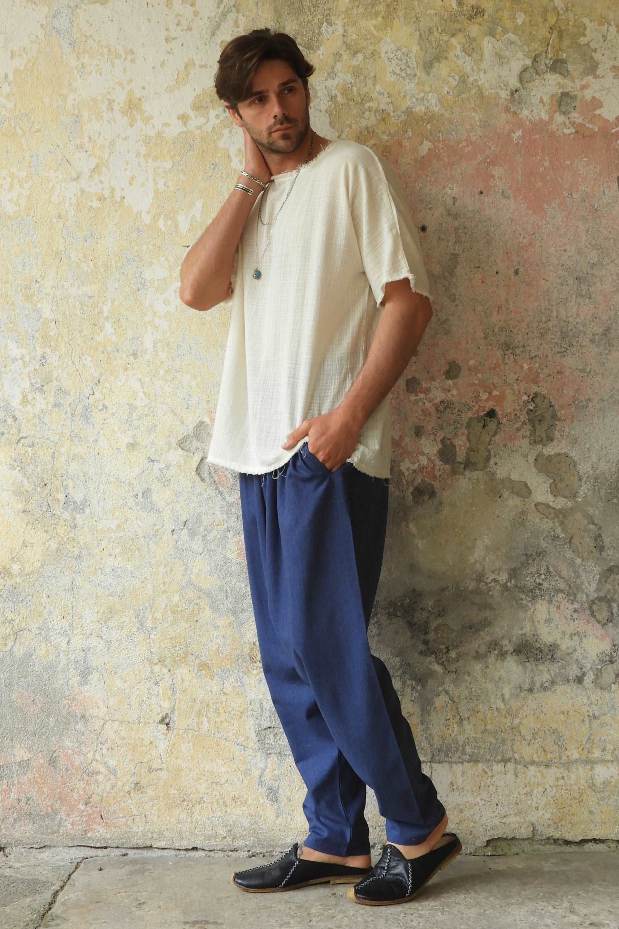 Sustainable  | MOON Gender Neutral Linen Blend Harem Pants (Beige, Indigo Blue) by Odana's