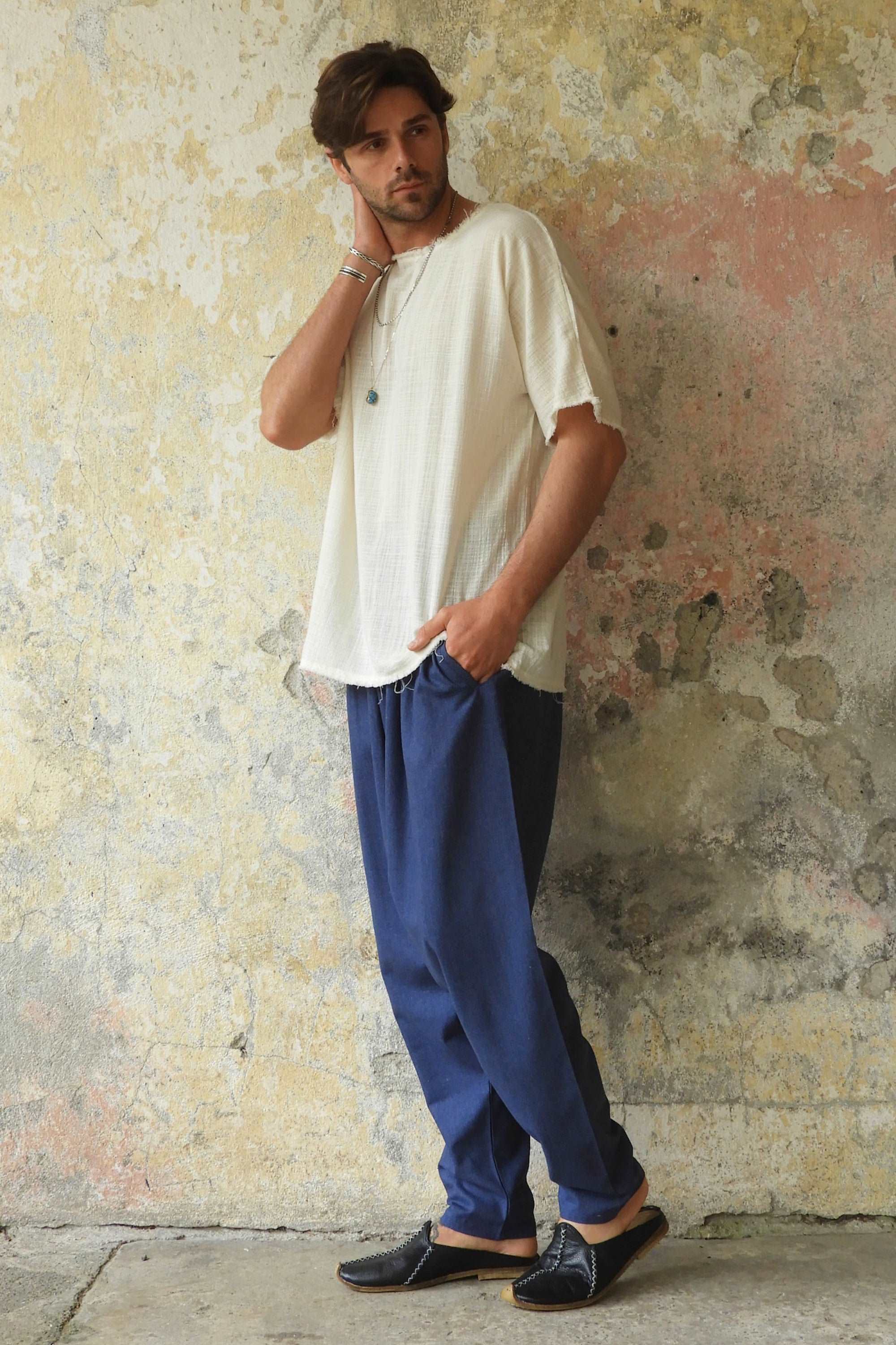 Odana's | Sustainable Gifts | MOON Men's Linen Blend Harem Pants (Beige, Indigo Blue) | Linen Harem Pants | Sustainable Fashion