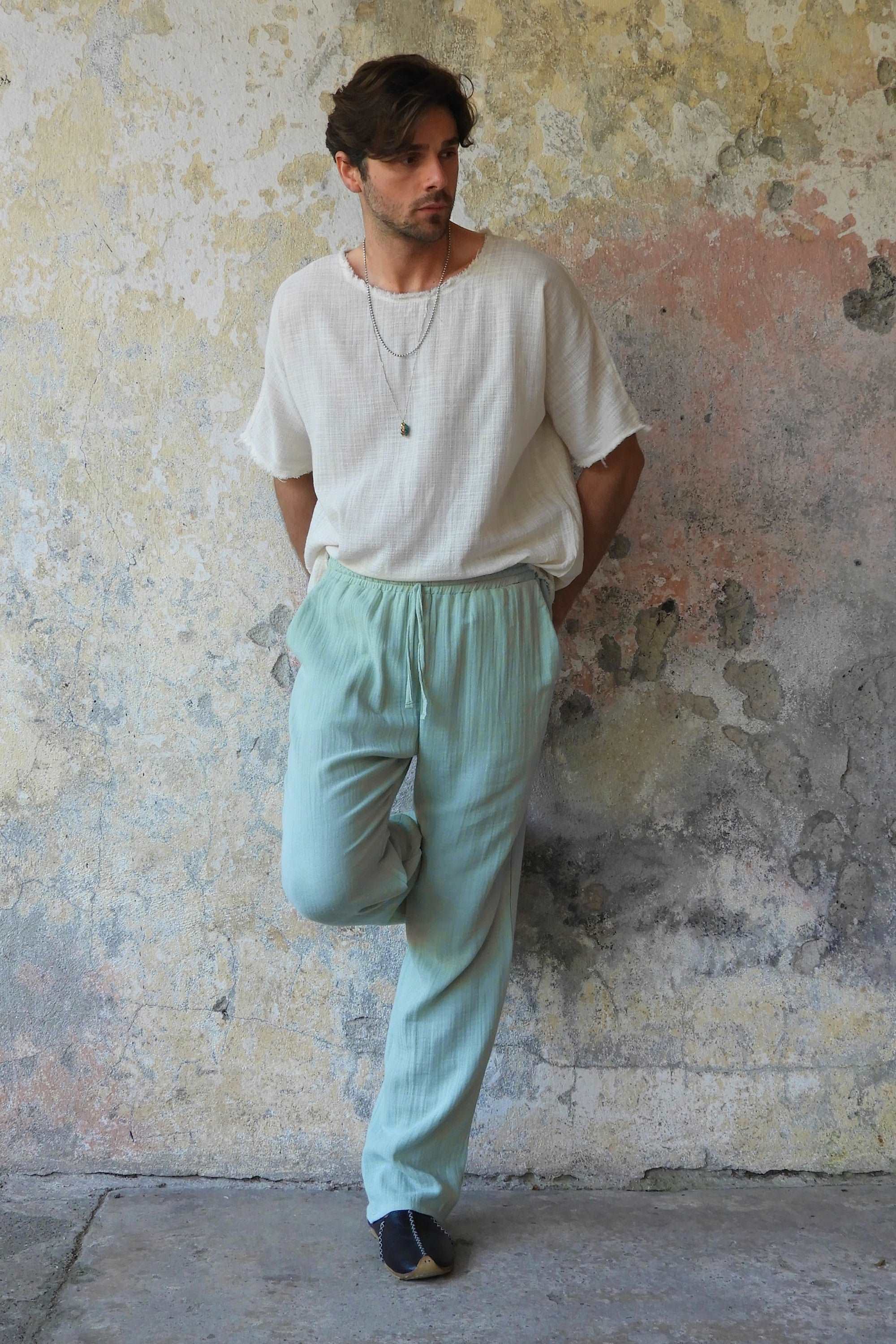 Odana's | Sustainable Gifts | DUNE Men's Organic Gauze Cotton Pants (Army Green, Dusty Mint) | Harem Pants | Sustainable Fashion