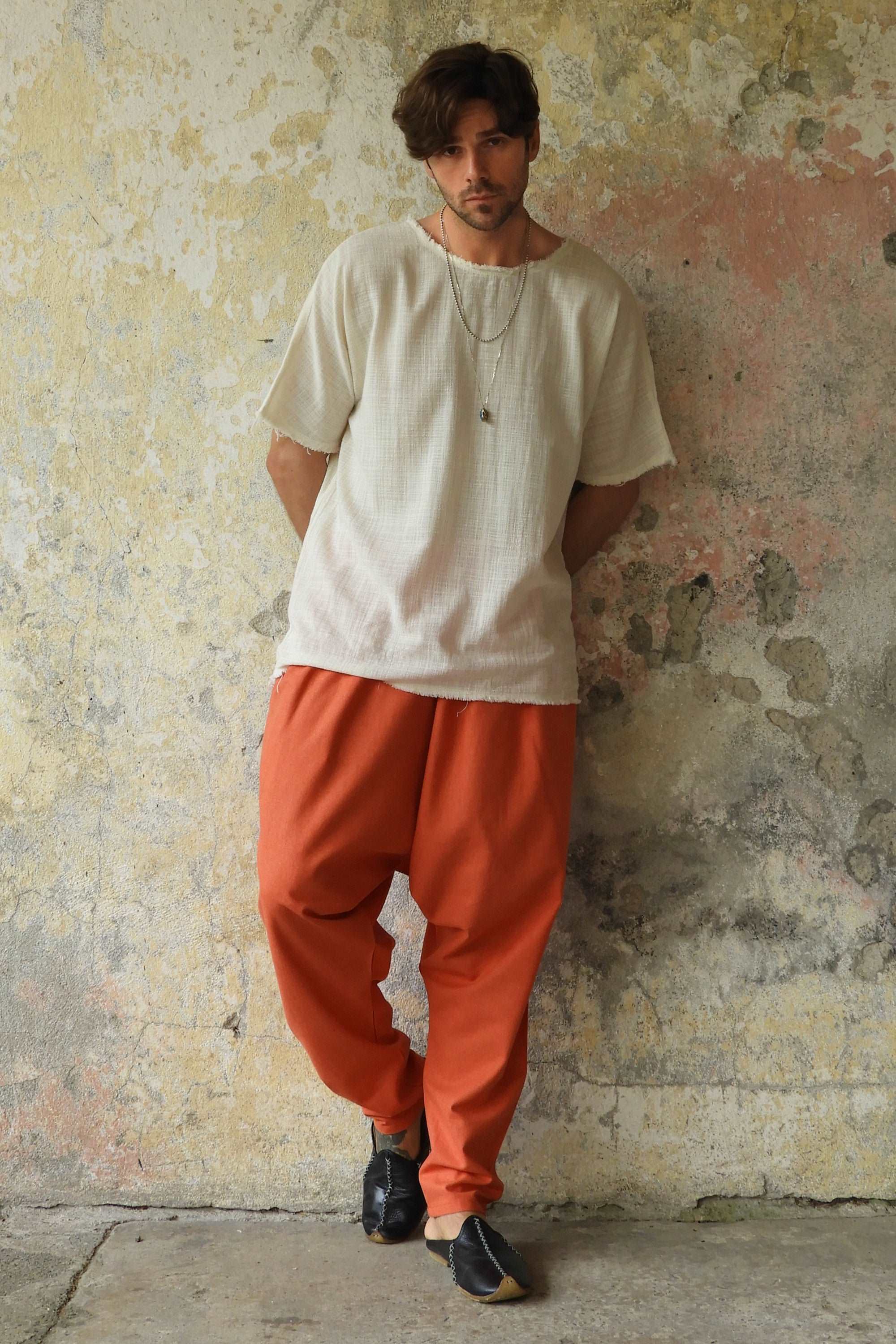 Odana's | Sustainable Gifts | MOON Men's Linen Blend Harem Pants (Windsor Tan, Burnt Orange) | Linen Harem Pants | Sustainable Fashion