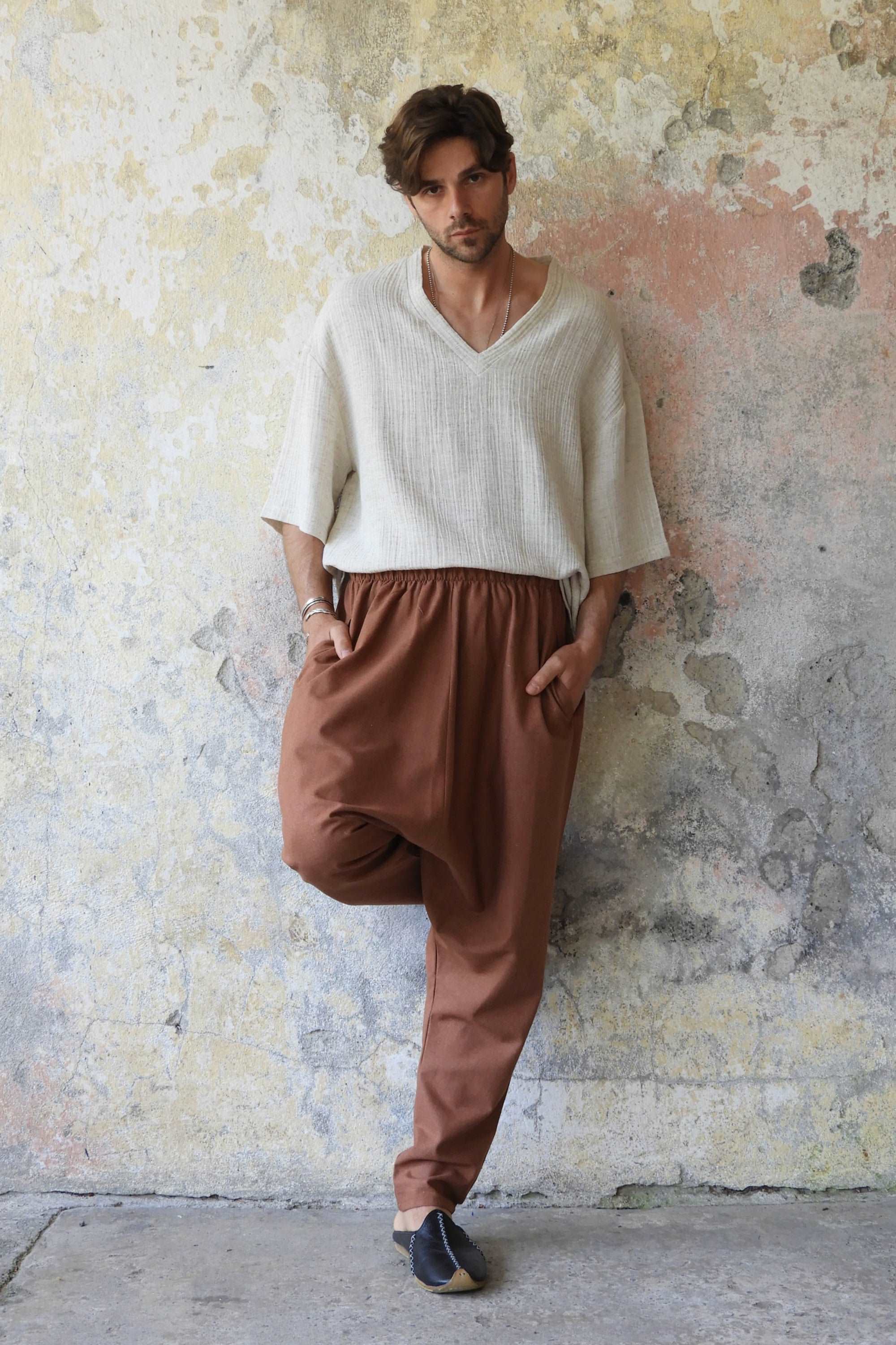 Odana's | Sustainable Gifts | MOON Men's Linen Blend Harem Pants (Dark Gray, Brown) | Linen Harem Pants | Sustainable Fashion