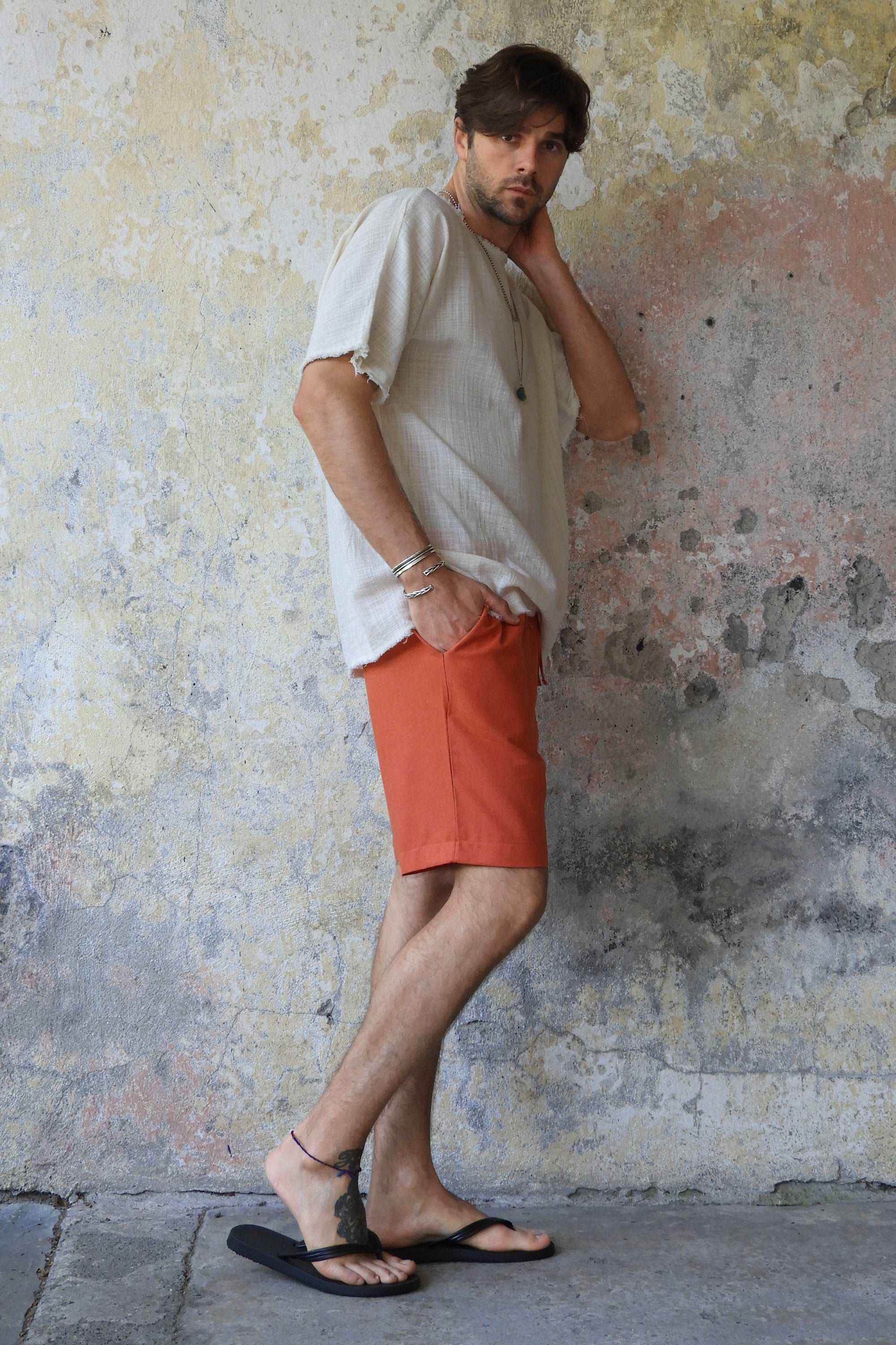 Odana's | Sustainable Gifts | BOREAS Linen Blend Shorts Man (Tan, Burnt Orange) | Linen Pants | Sustainable Fashion