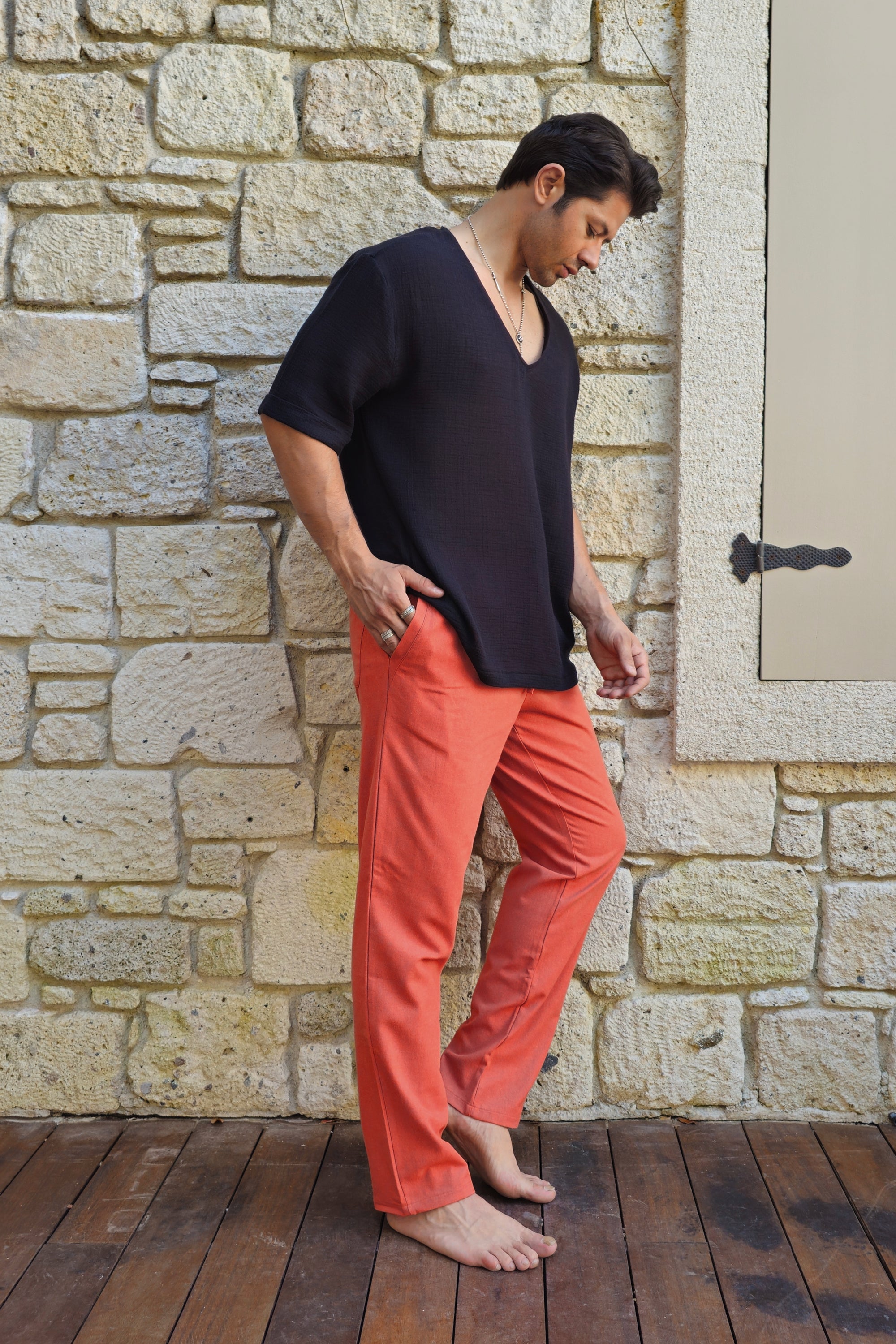 Odana's | Sustainable Gifts | POSEIDON Eco-Friendly Linen & Cotton Blend Drawstring Pants (Burnt Orange, Terra Cotta) | POSEIDON Eco-Friendly Linen & Cotton Blend Drawstring Pants | Sustainable Fashion