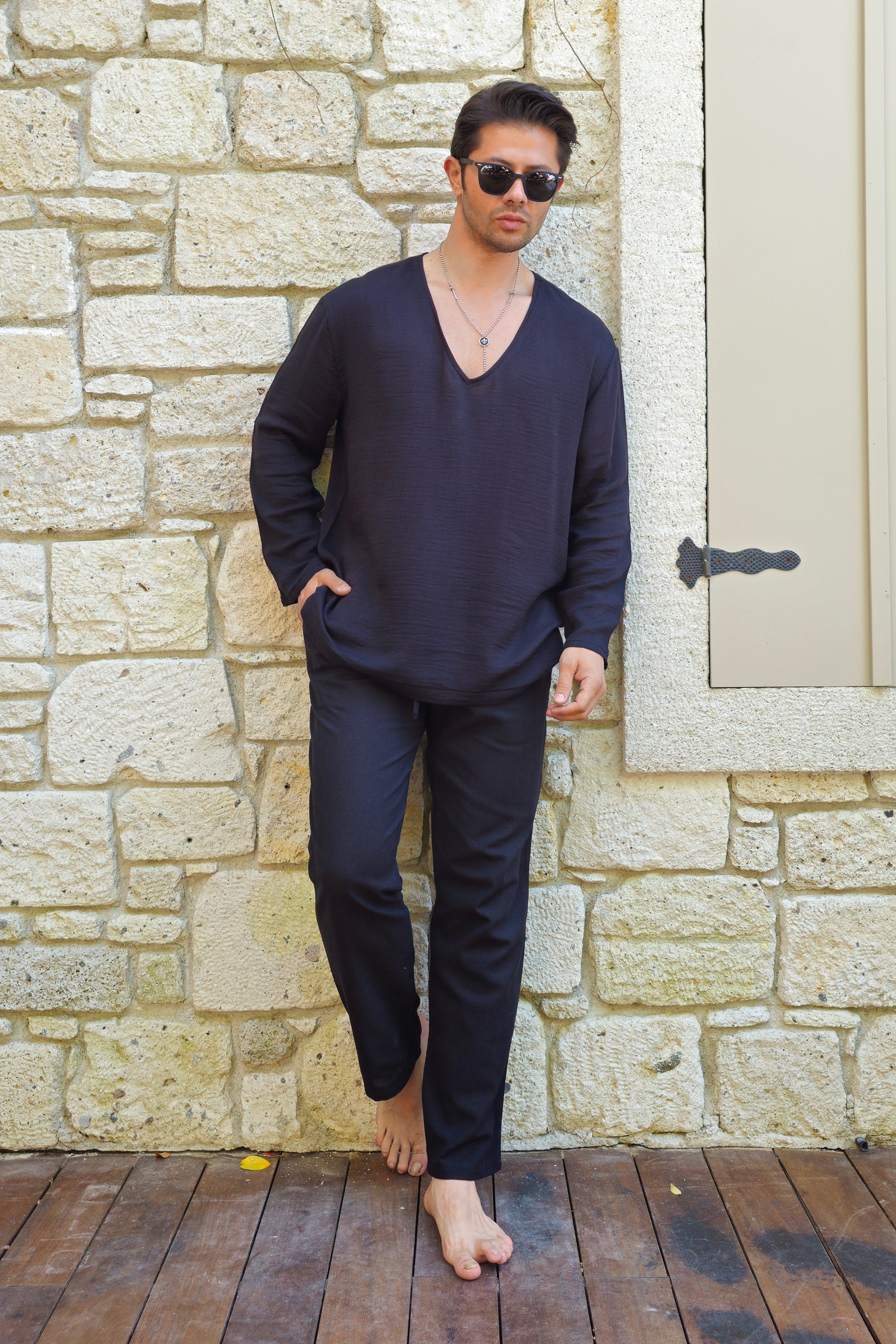 Odana's | Sustainable Gifts | POSEIDON Eco-Friendly Linen & Cotton Blend Drawstring Pants (Black, Dark Brown) | POSEIDON Eco-Friendly Linen & Cotton Blend Drawstring Pants | Sustainable Fashion