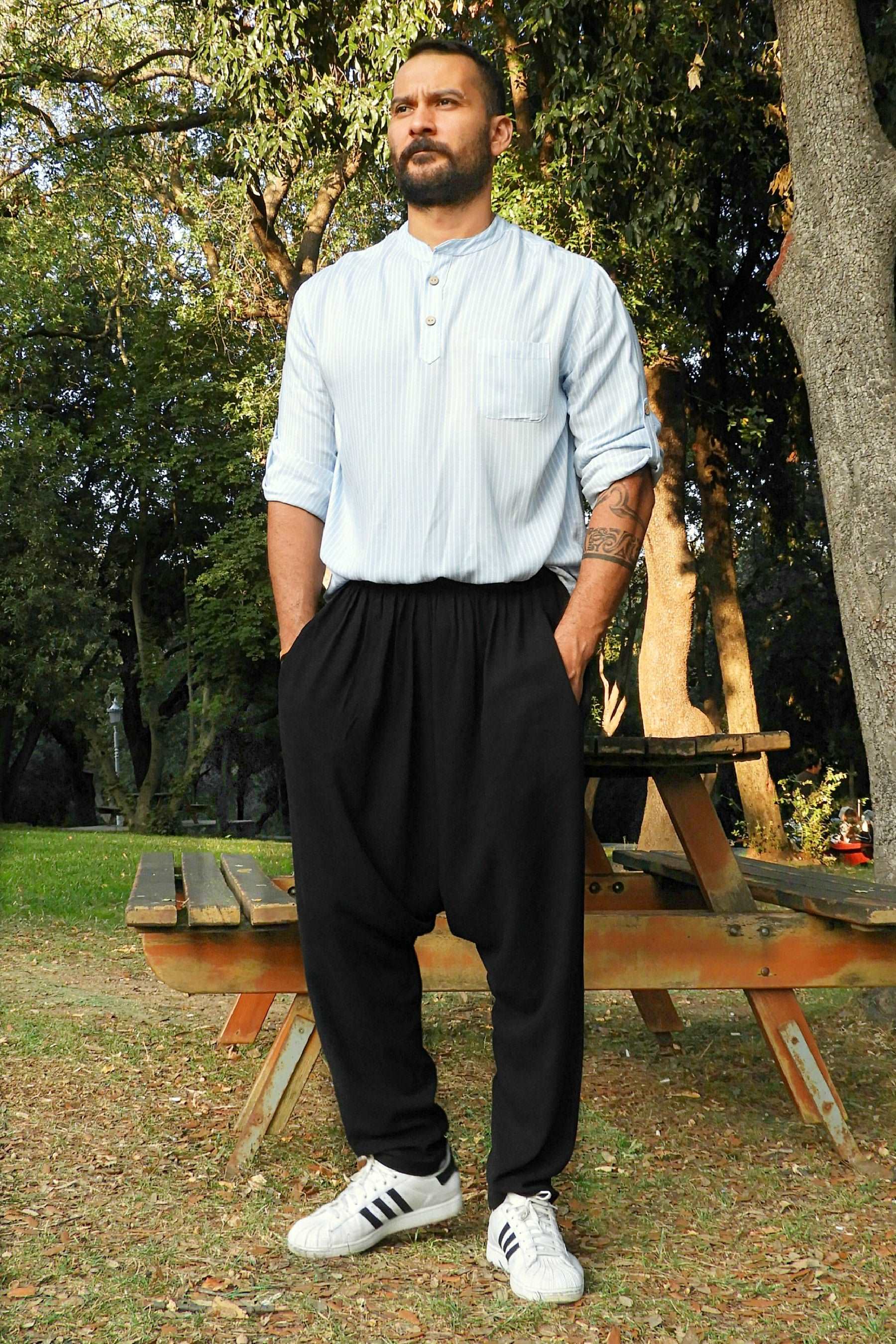 Odana's | Sustainable Gifts | MOON Men's Linen Blend Harem Pants (Black, Tan) | Linen Harem Pants | Sustainable Fashion