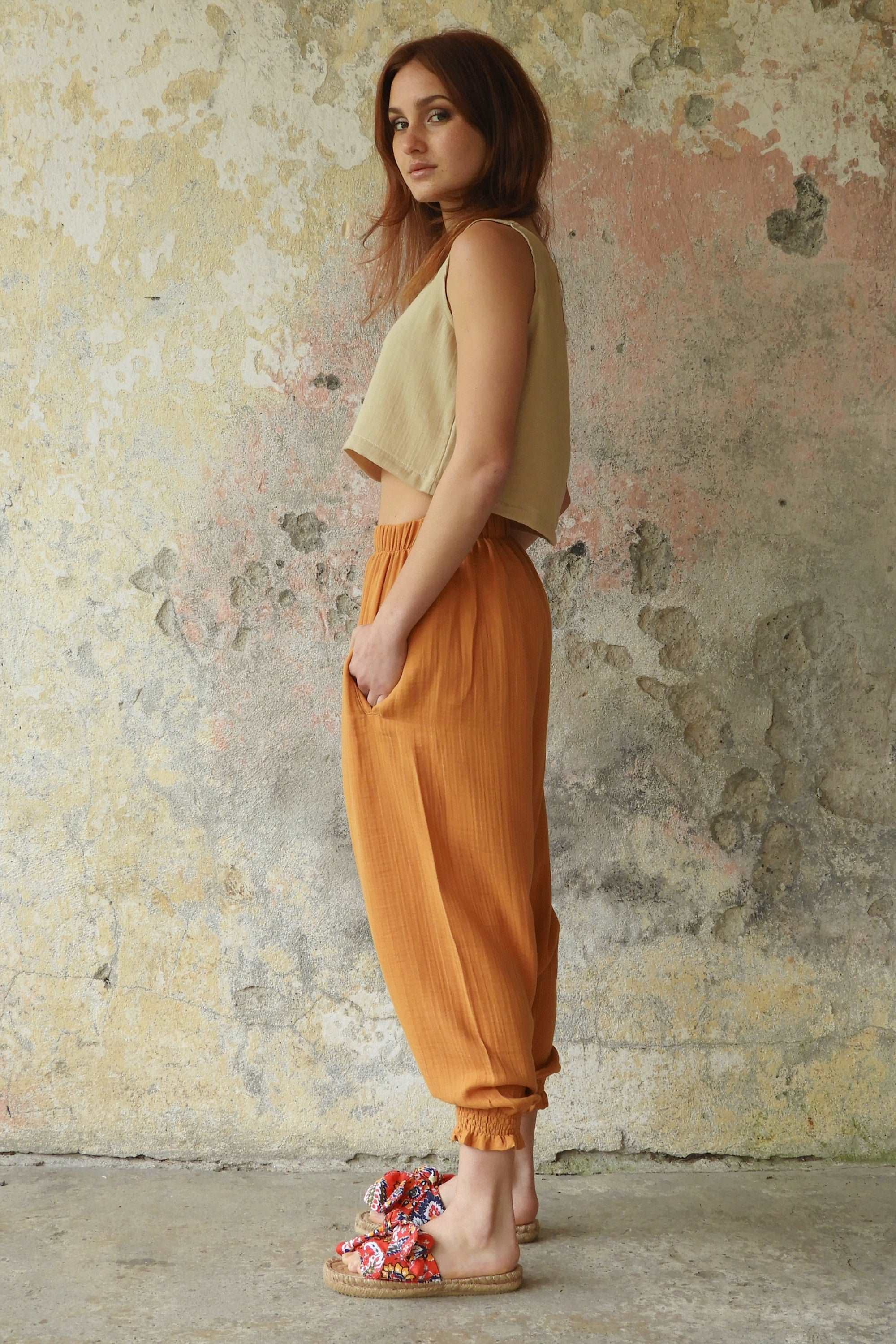 Odana's | Sustainable Gifts | GAIA Women's Organic Gauze Cotton Harem Pants (Red, Terra Cotta, Caramel) | Harem Pants | Sustainable Fashion