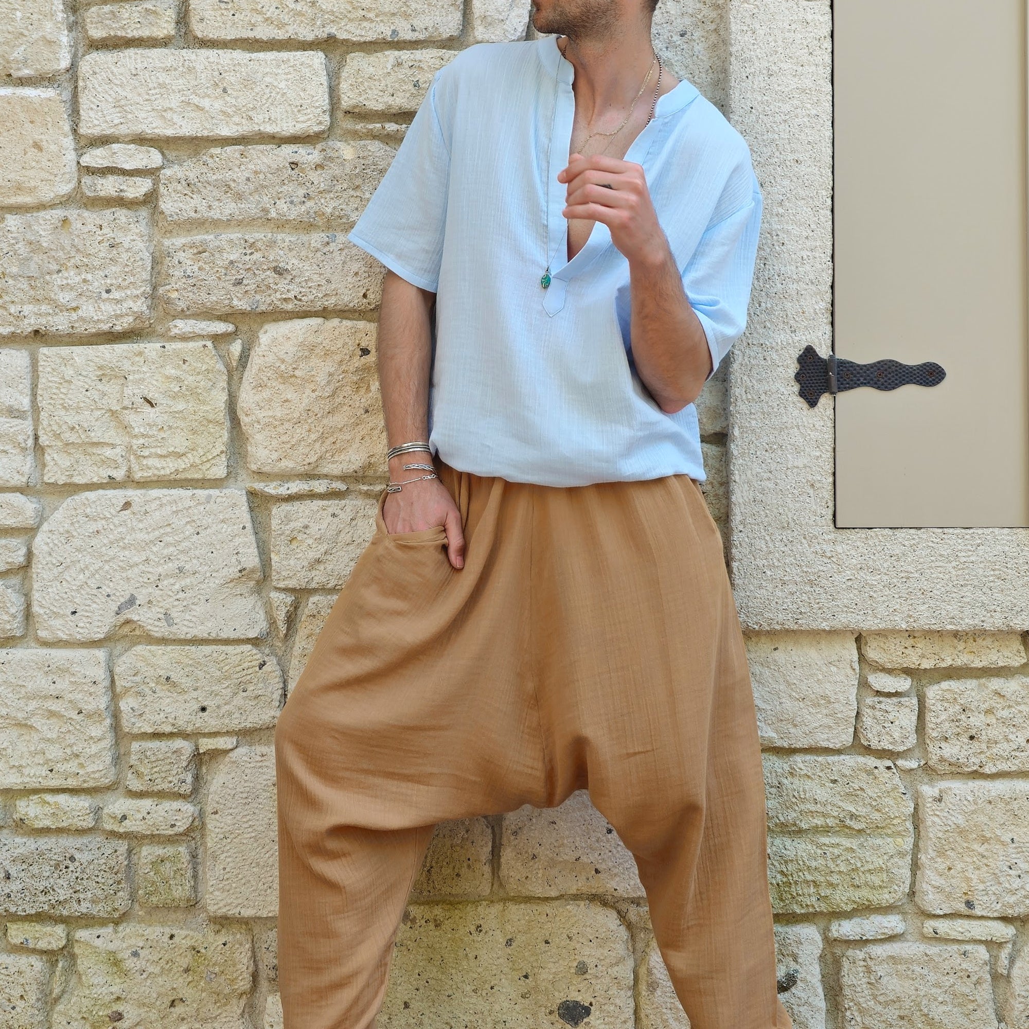 TRIBAL Gender Neutral Organic Gauze Cotton Harem Pants (Red, Light Brown)